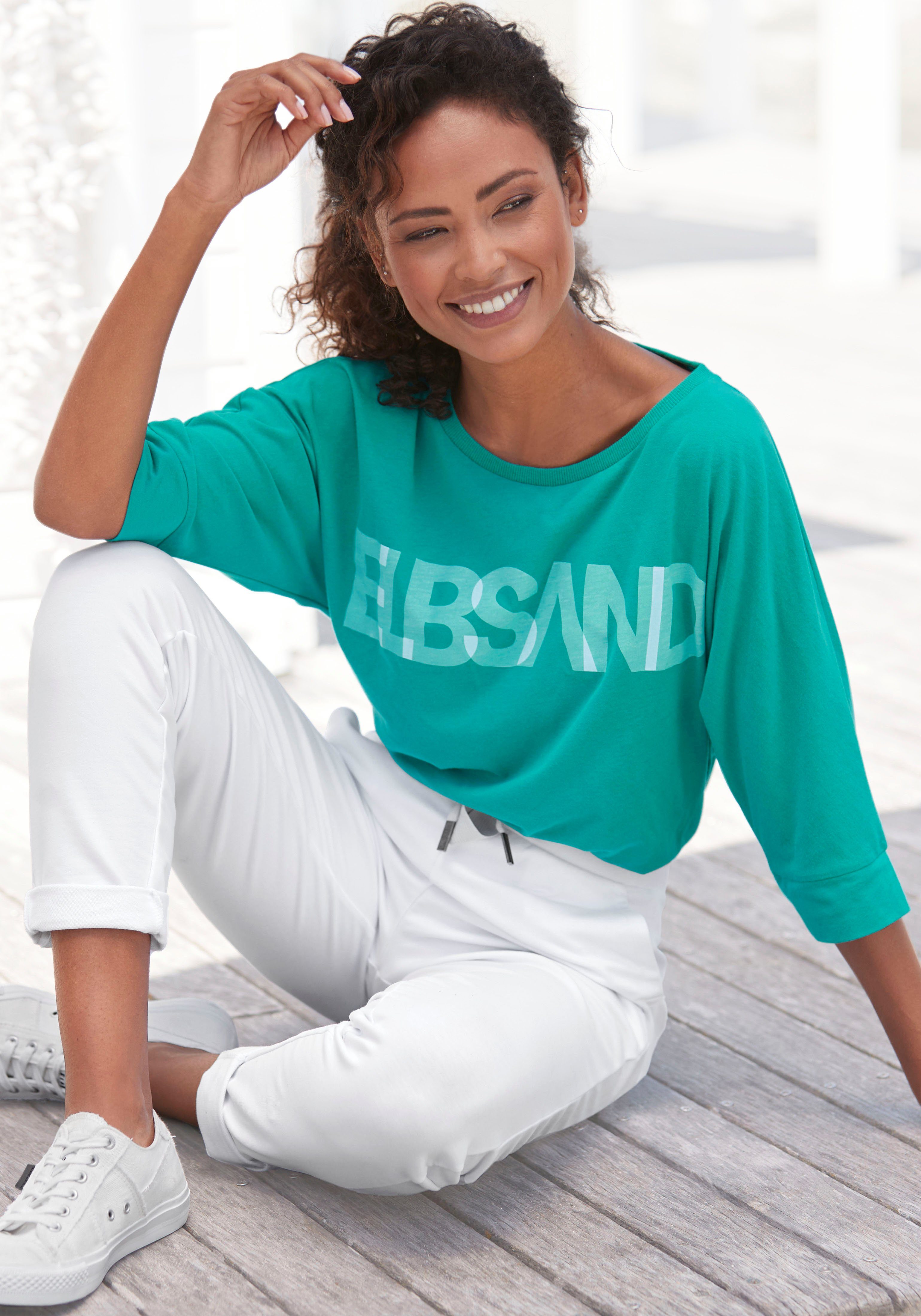 Elbsand 3/4-Arm-Shirt mit Logodruck, Baumwoll-Mix, lockere Passform seaweed teal