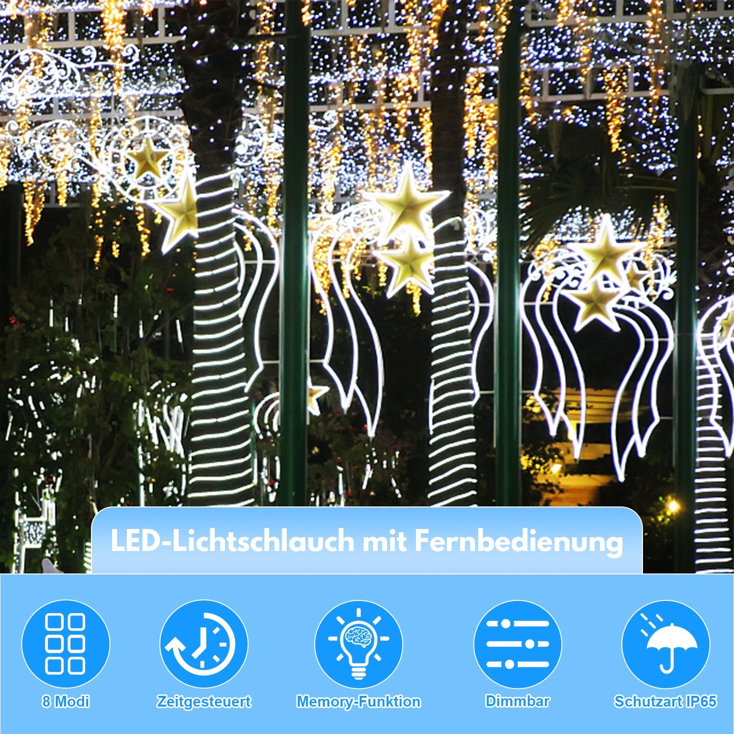 LED-Lichterschlauch LED Wasserdicht 8 Dekor Lichterschlauch LED IP65 Modi Lospitch Kaltweiß Lichterkette