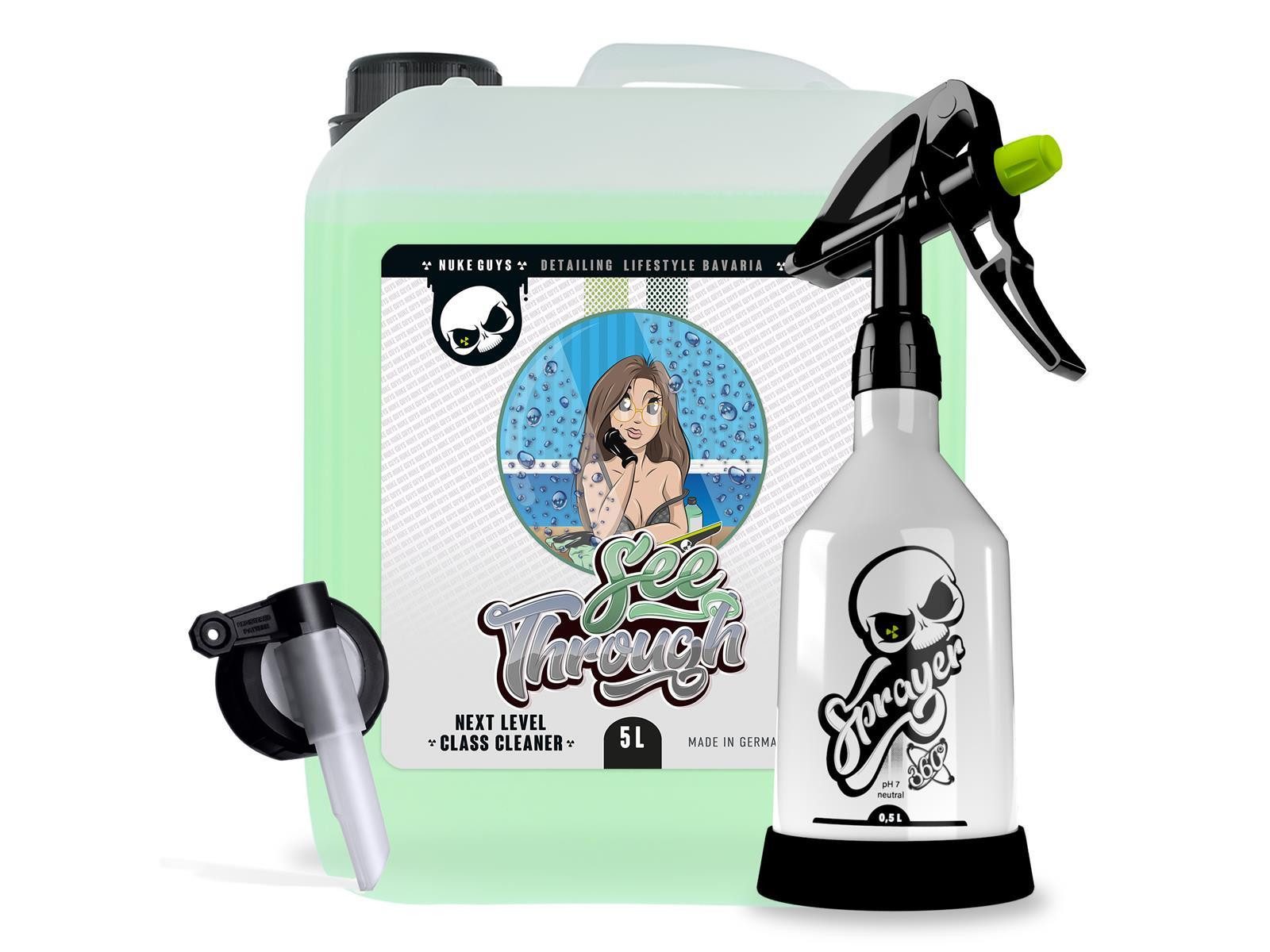 Nuke Guys See Through Glasreiniger 5L Kanister + Dispenser + Sprühflasche Glasreiniger (Set, [3-St. Auto Scheiben Reiniger - mit Zubehör)