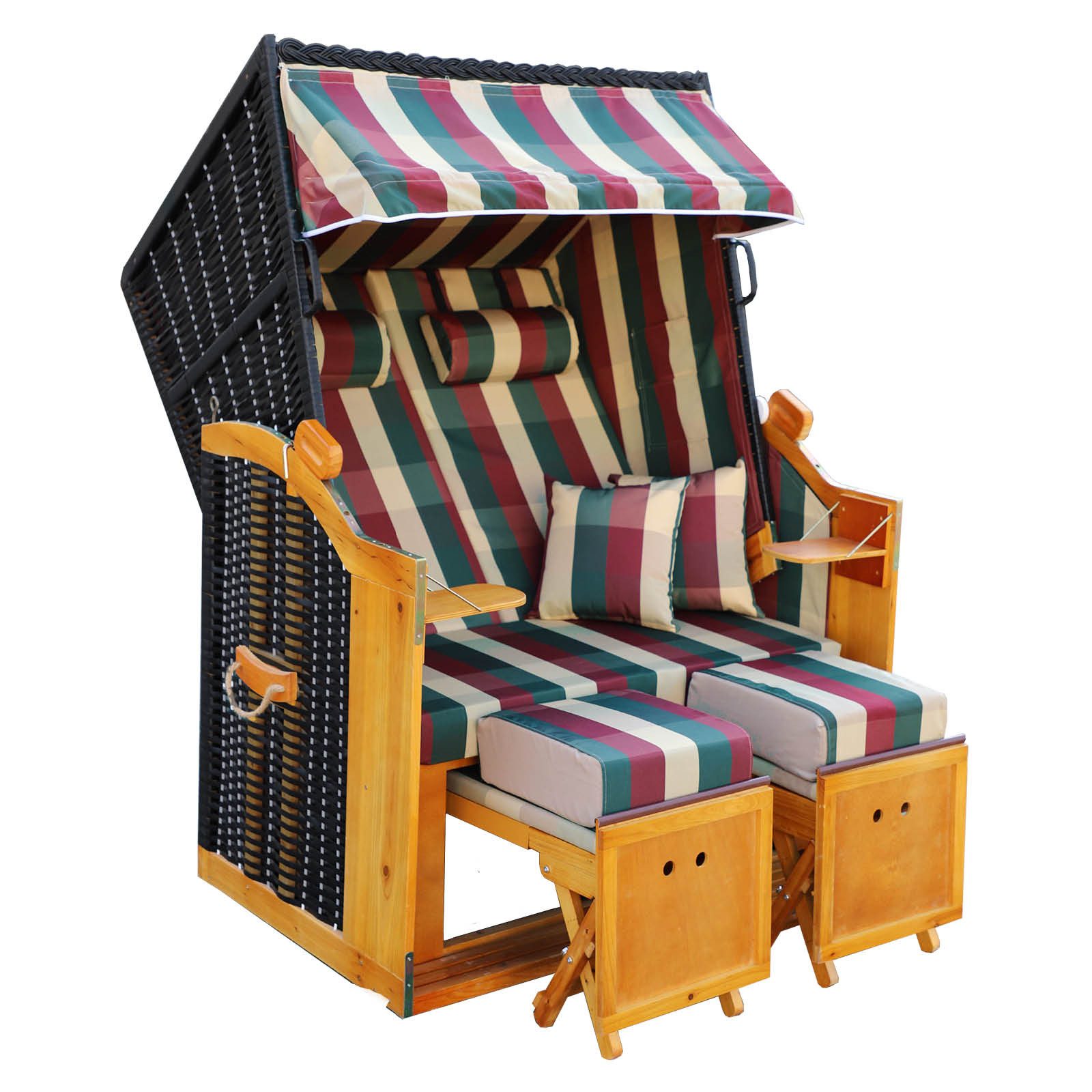 BRAST Strandkorb für 2 Personen, 120cm breit, 5 Designs, BxTxH: 120x79x150 cm, Volllieger, Rügen Deluxe, (verstellbare Rückenlehne weiches Fußkissen), inkl. wetterfeste Abdeckhaube