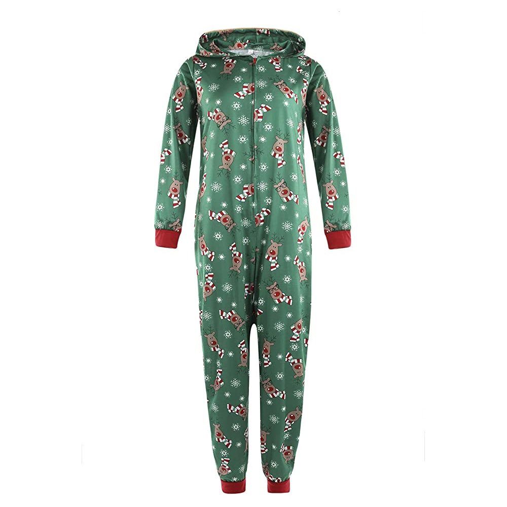 Juoungle Schlafanzug Weihnachts-Einteiler, Kapuzenpullover, Reißverschluss, Grün Nachtwäsche