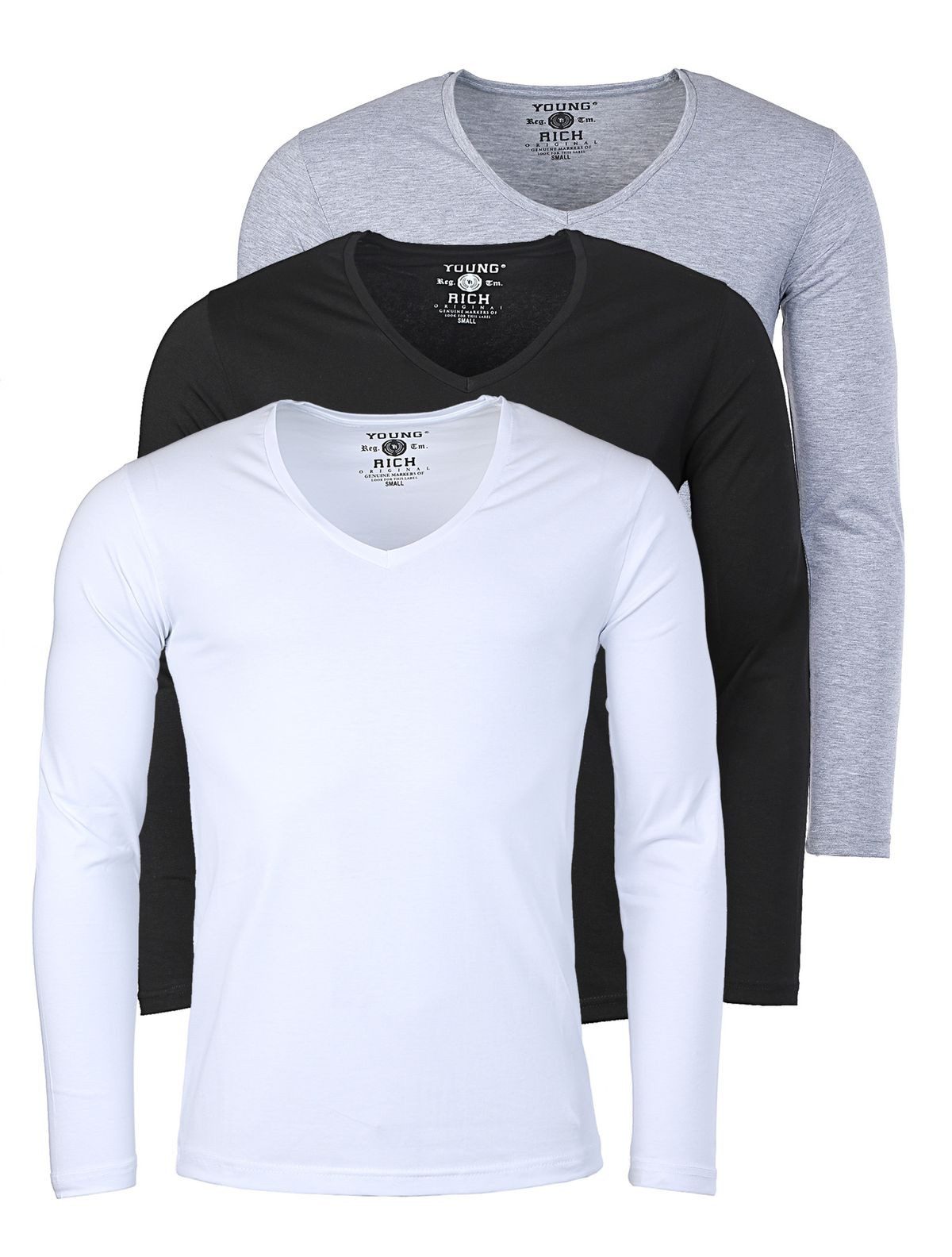 Young & Rich T-Shirt Herren Uni Basic extra tiefer Ausschnitt Unterziehshirt 2239 3er Pack (3er-Pack, 3-tlg., 3er-Pack) V-Ausschnitt unifarben langarm slim fit