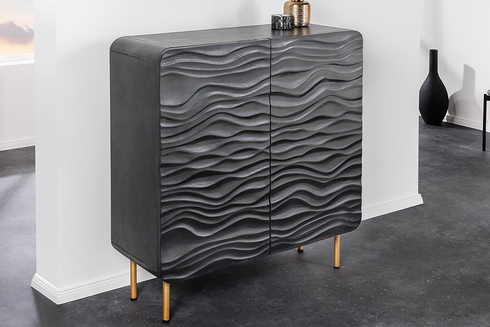 riess-ambiente Highboard WAVE 120cm schwarz / gold (Einzelartikel, 1 St), Wohnzimmer · Massivholz · Metall · Kommode · Retro Design