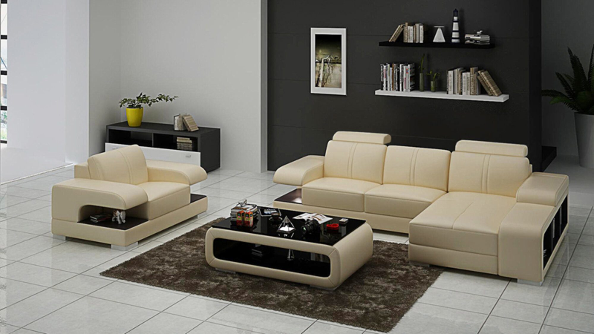 JVmoebel Polstergarnitur Moderne Ledercouch mit Eckelement und Sessel in zeitlosem Design, (Sofa + SESSEL G8028E), Made in Europa