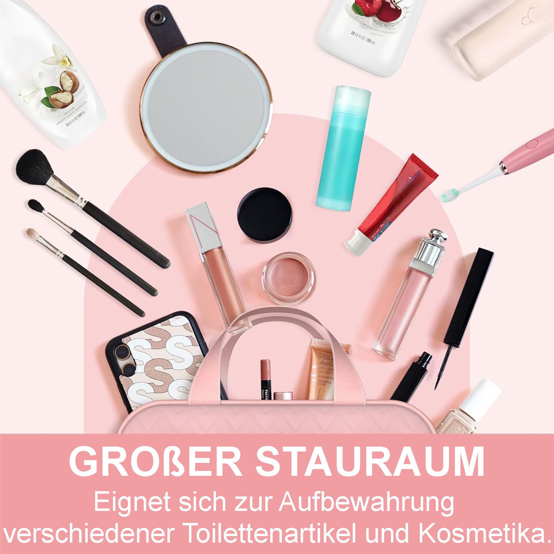 Keyura Kosmetiktasche Kulturtasche Damen wasserdichte  mit Haken,Kulturtasche zum Aufhängen (große Kapazitä Leder Kulturtasche,32 x 13 x 23 cm, rosa, Waschbeutel Kosmetik-Organizer für Damen mit 360°Drehbare Haken), Perfektes Geschenk für Frauen zu Weihnachten,Erntedank oder Geburtstag