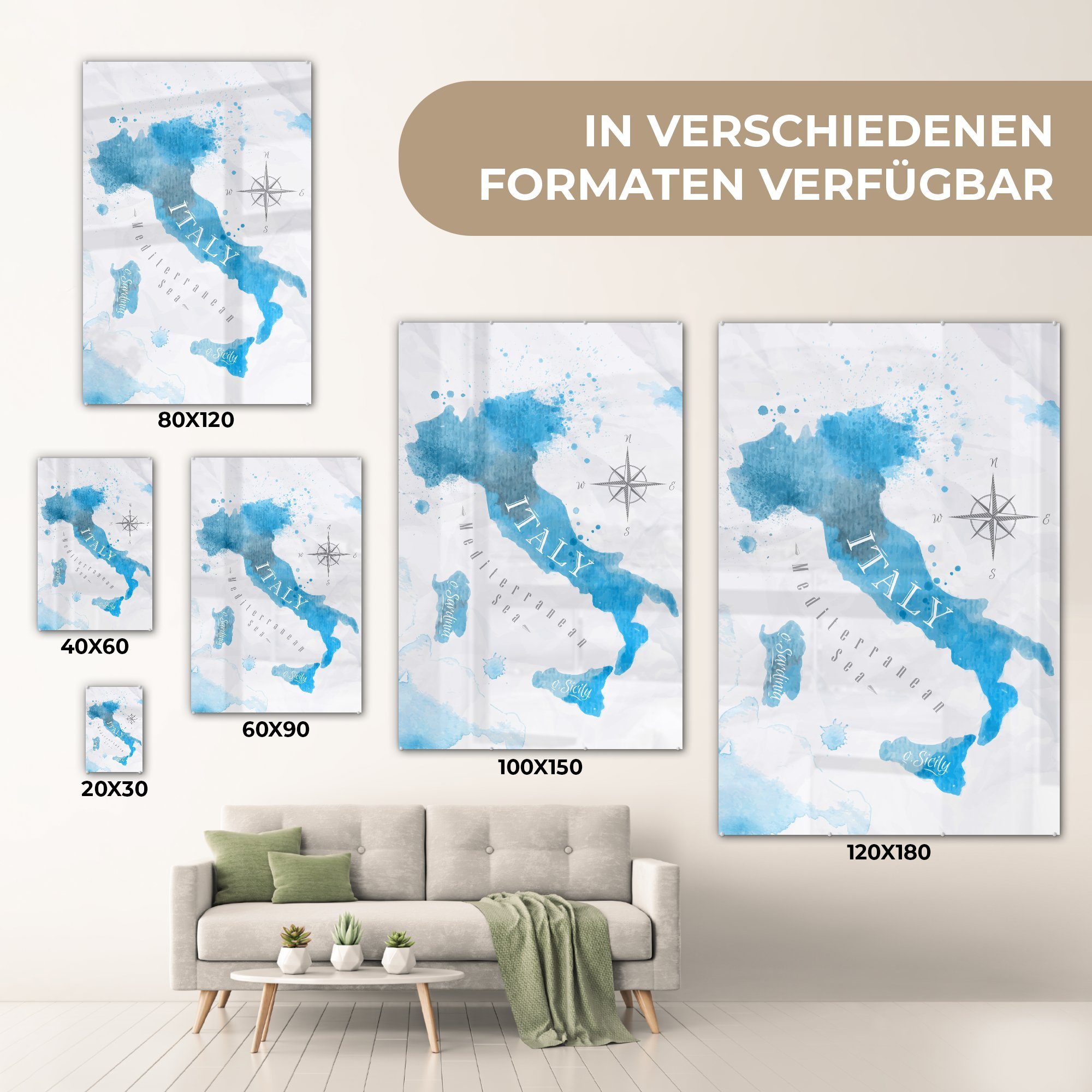 MuchoWow Acrylglasbild Weltkarte - Blau Bilder Italien, Glas (1 - auf Glasbilder Glas Wanddekoration St), Wandbild - Foto auf - 