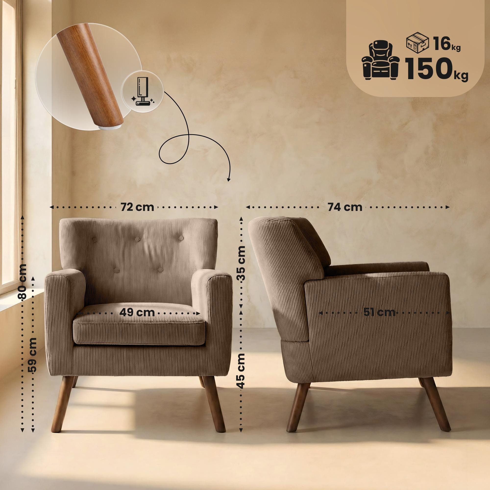 CLP Loungesessel Kioni (1er), Cordbezug, Kautschukholz, bis 150 kg belastbar