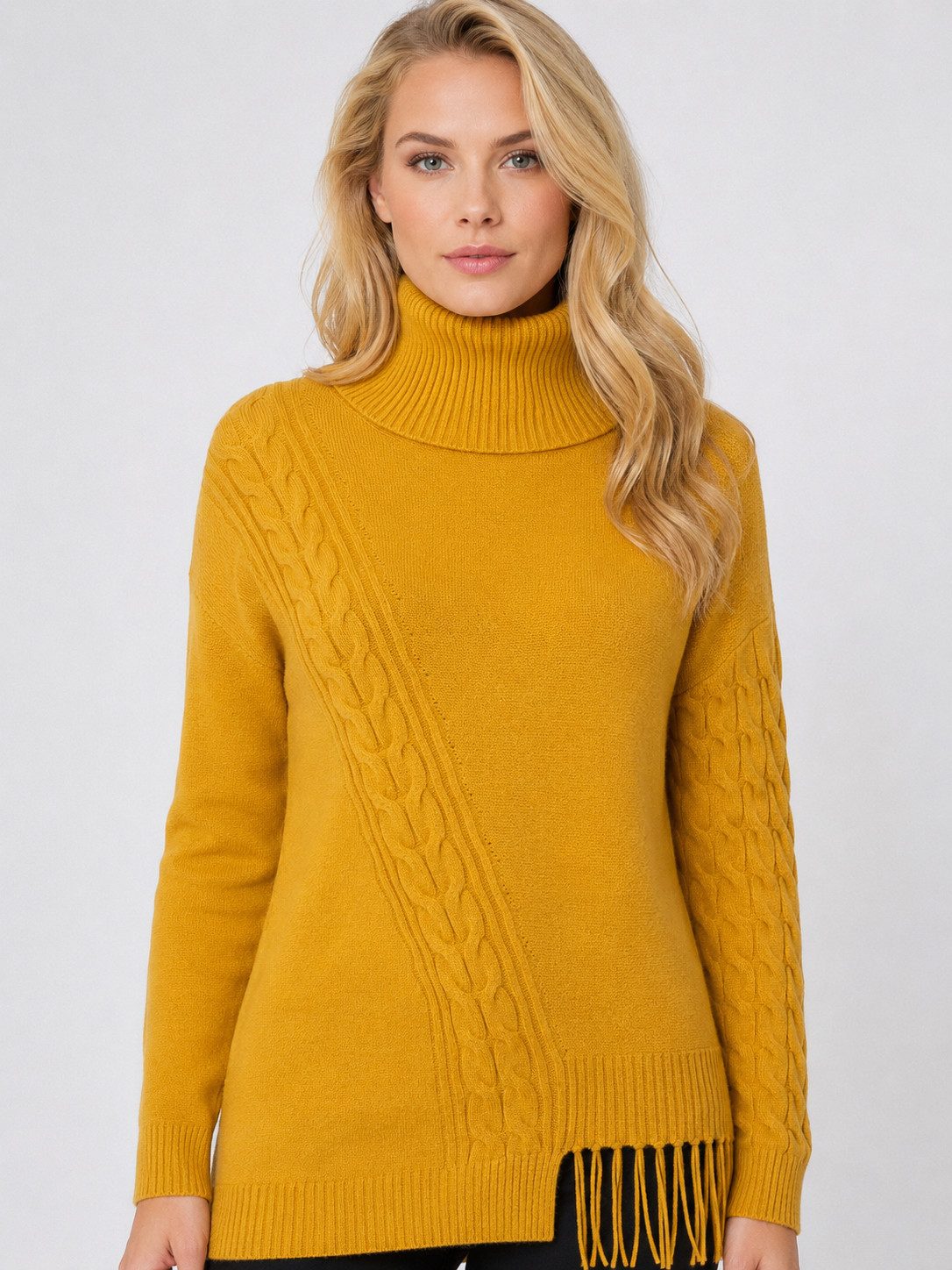 Passioni Rollkragenpullover mit Zopfmusterdetails und Fransen