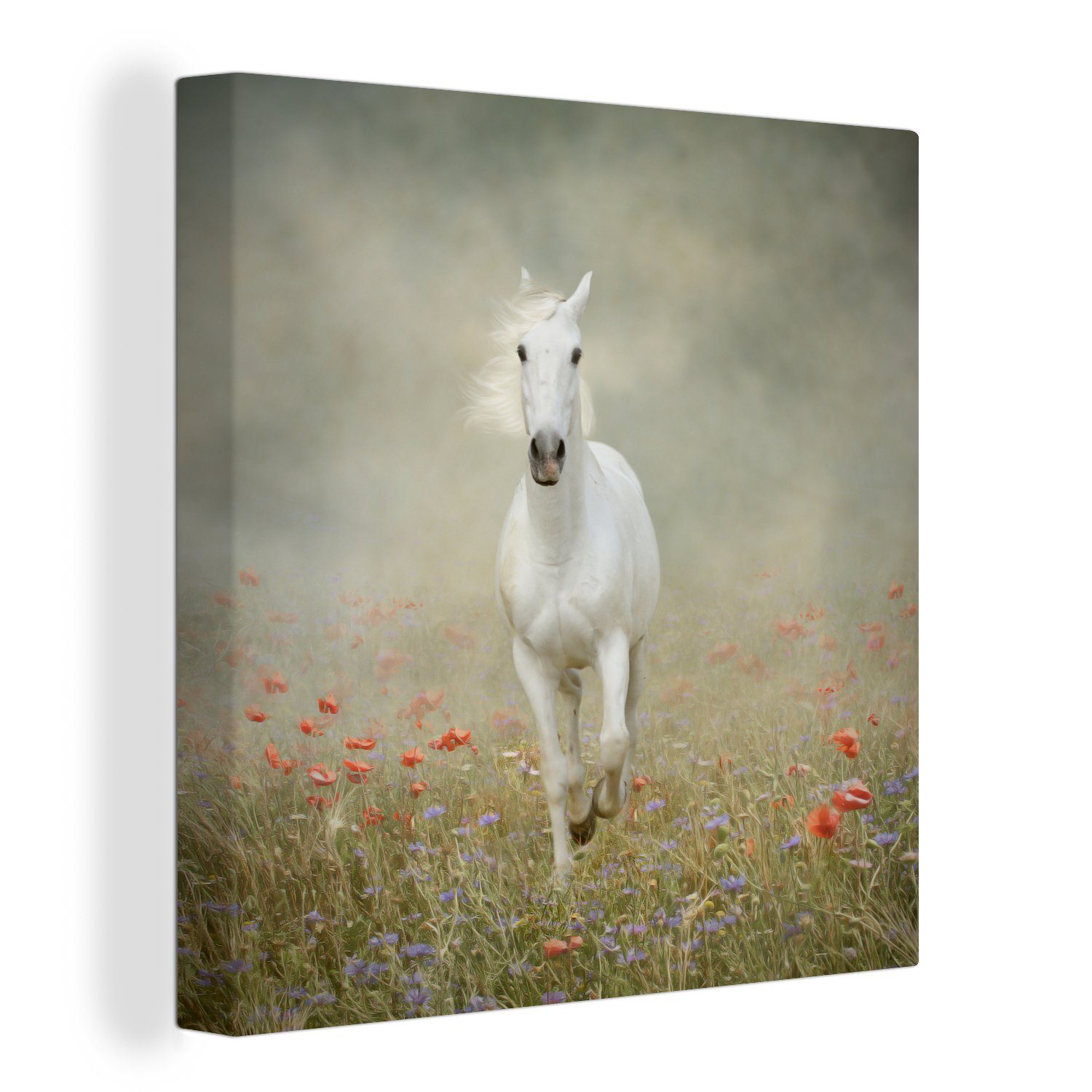 OneMillionCanvasses® Leinwandbild Pferd - Stoff - Blumen, (1 St), Leinwand Bilder für Wohnzimmer Schlafzimmer