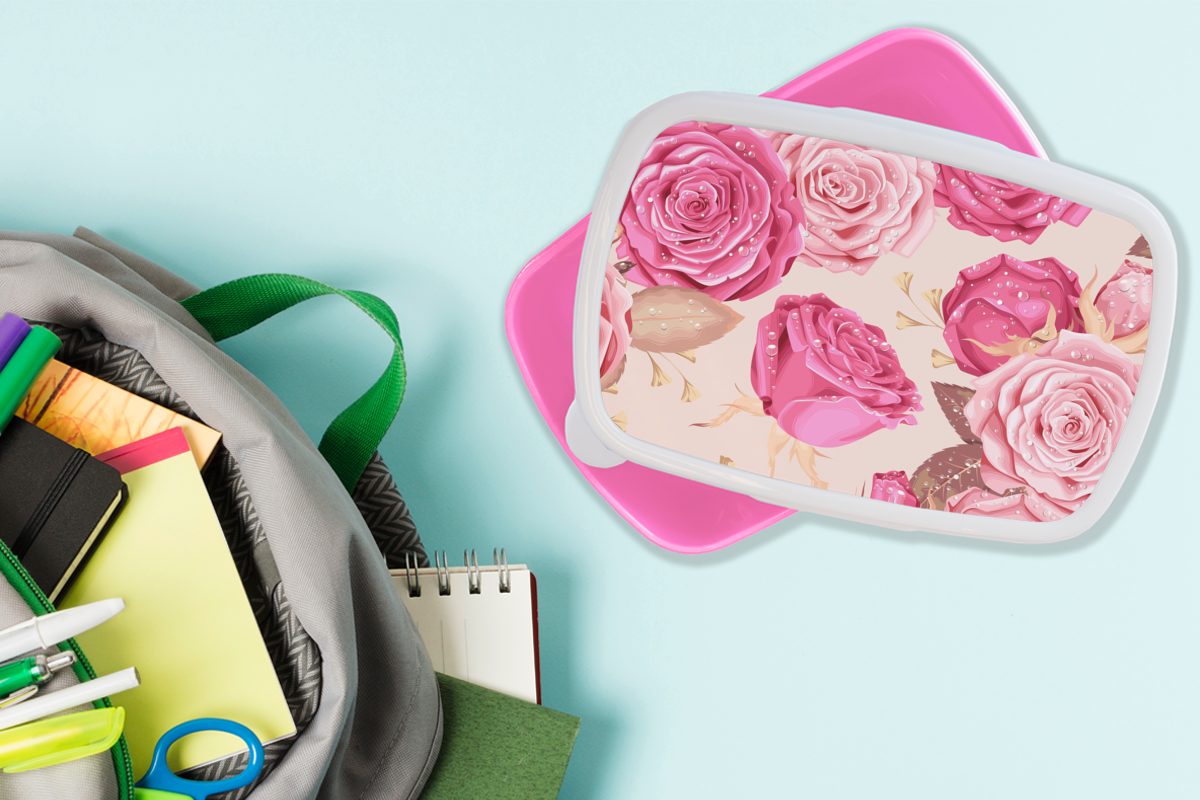 Drops, Lunchbox rosa Brotdose Mädchen, - Kunststoff Snackbox, Rosen Erwachsene, Brotbox für - (2-tlg), Kunststoff, MuchoWow Blumen Kinder,
