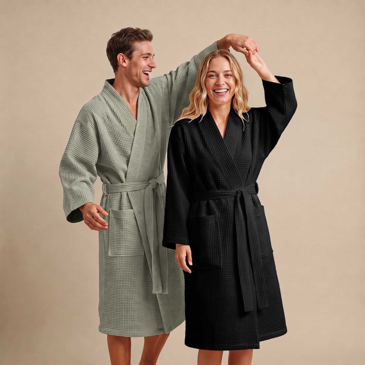 Blumtal Bademantel Waffelpique - Unisex Bademantel - Zertifizierter Bademantel, 2 Außentaschen, mit Reißverschlusstasche, Damen & Herren - Saunamantel inkl. Reißverschlusstasche