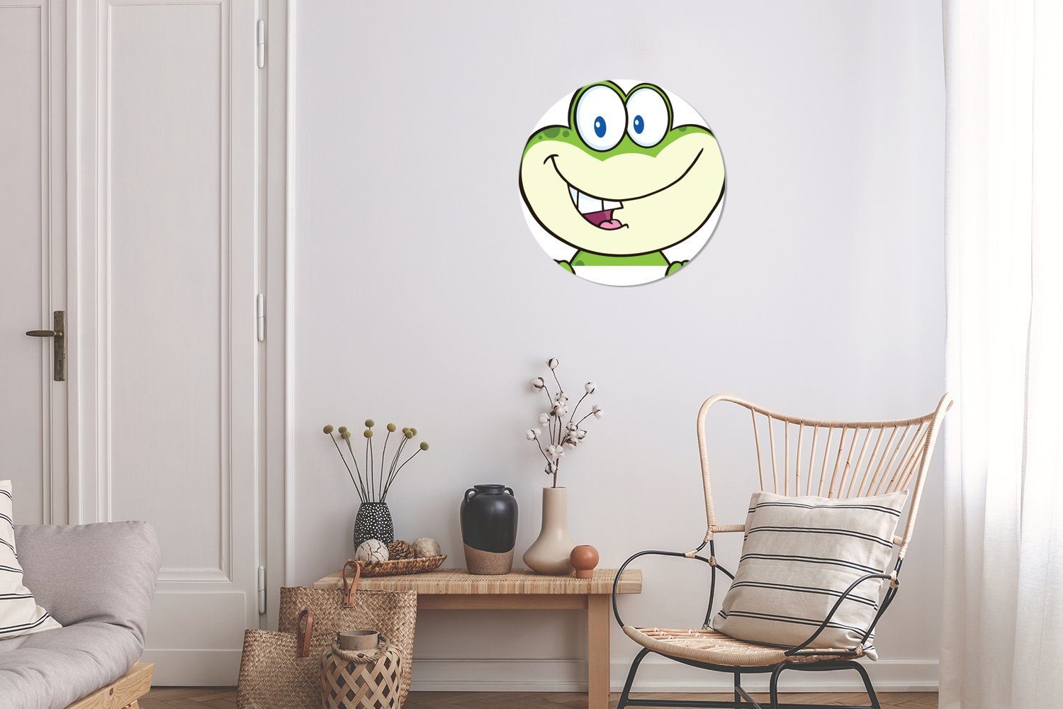 MuchoWow Gemälde Animation eines St), Forex, Kreis Wohnzimmer, Wanddekoration cm glücklichen (1 Frosches, Rundes 30x30 Wandbild