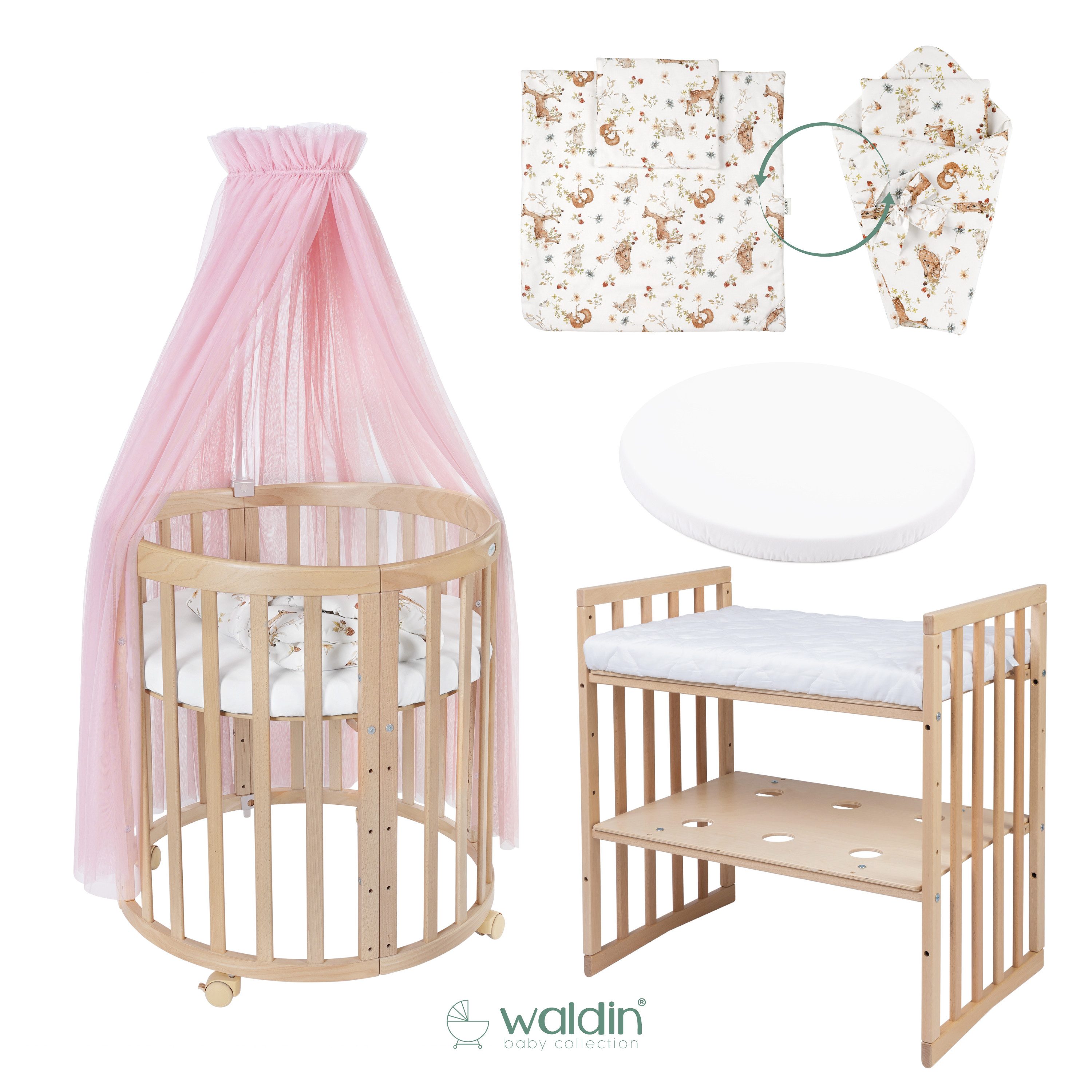 Waldin Babybett Mobiles Babybett OWAL aus Holz 7in1 mit Matratze, mitwachsend