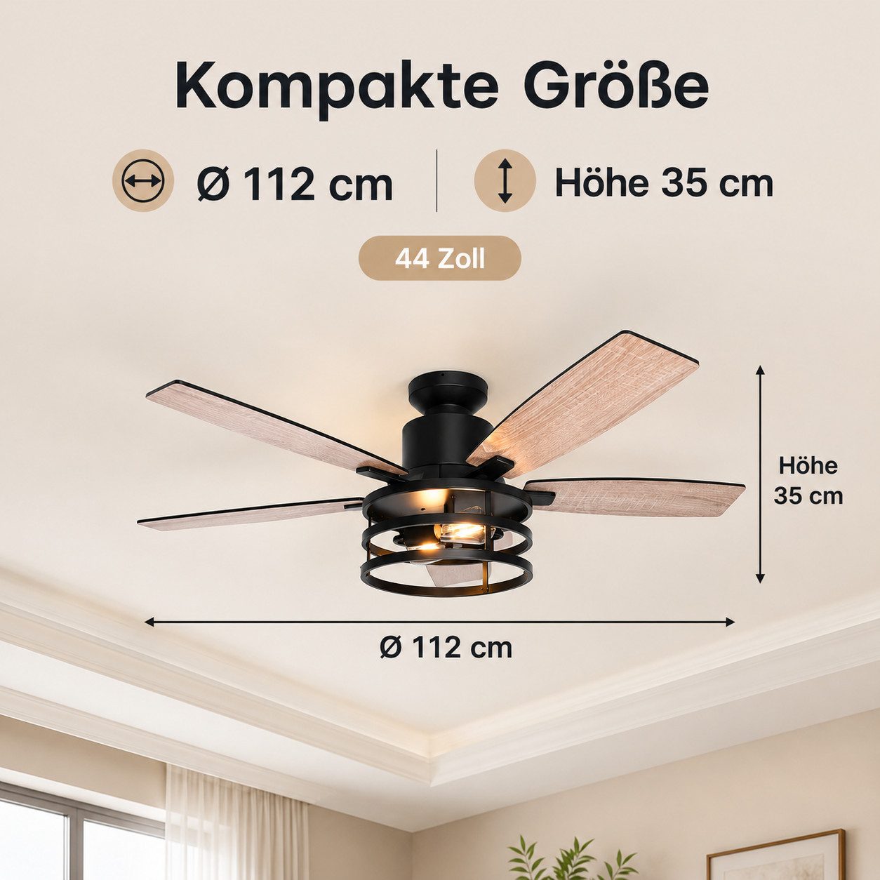Lapalife Deckenventilator Mit Beleuchtung, Ventilator mit Licht, Leise, Doppelseitige Flügel, 6 Windgeschwindigkeitsstufen, Timer, mit 2 Glühbirnen
