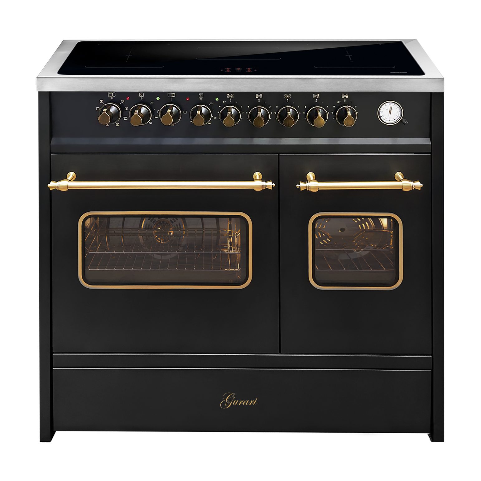 GURARI Induktions-Standherd 90 cm Herd Freistehend Retro Elektro Range Coocker mit FLEX Induktion E 913 DF RU BL., mit 1-fach-Teleskopauszug, Easy-Clean Emaille, Doppelbackofen, Heißluft, Umluftgrill