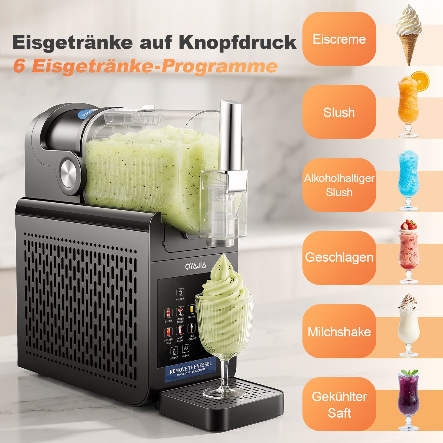 oyajia Slush-Eismaschine 6-in-1 Einstellungen,Ohne Eis Benötigt, Selbstreinigung, LED-Display, 1,8 l, 245 W, Kompressor, Slush Eis Maschine für Eiscreme, Frappés, Milchshakes