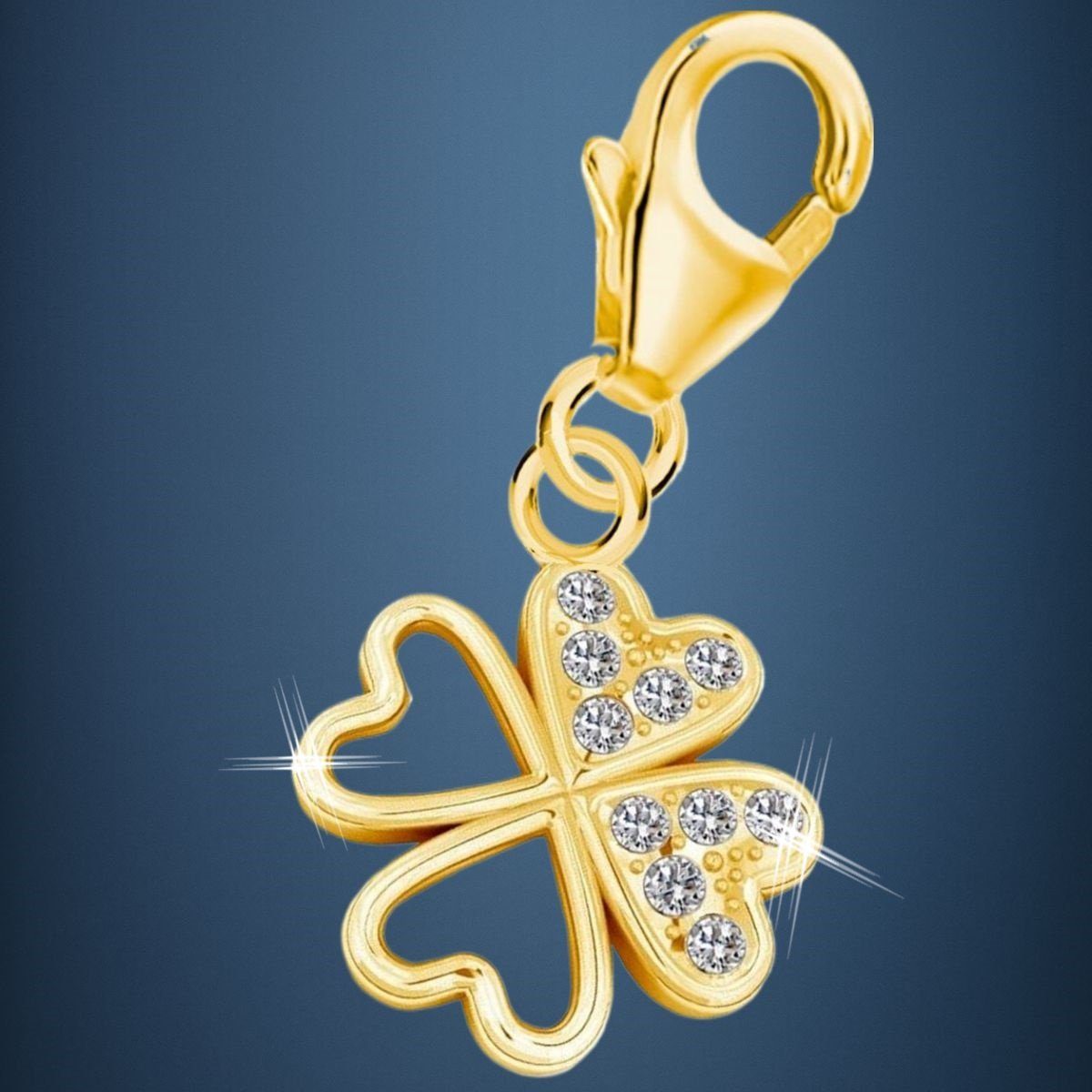 Goldene Hufeisen Charm-Einhänger Charm Kleeblatt 925 Silber mit Zirkonia Vergoldet I Echtschmuck (1 Stück, inkl. Etui), 925 Sterling Silber vergoldet Zirkonia G – Bild 5 von 5