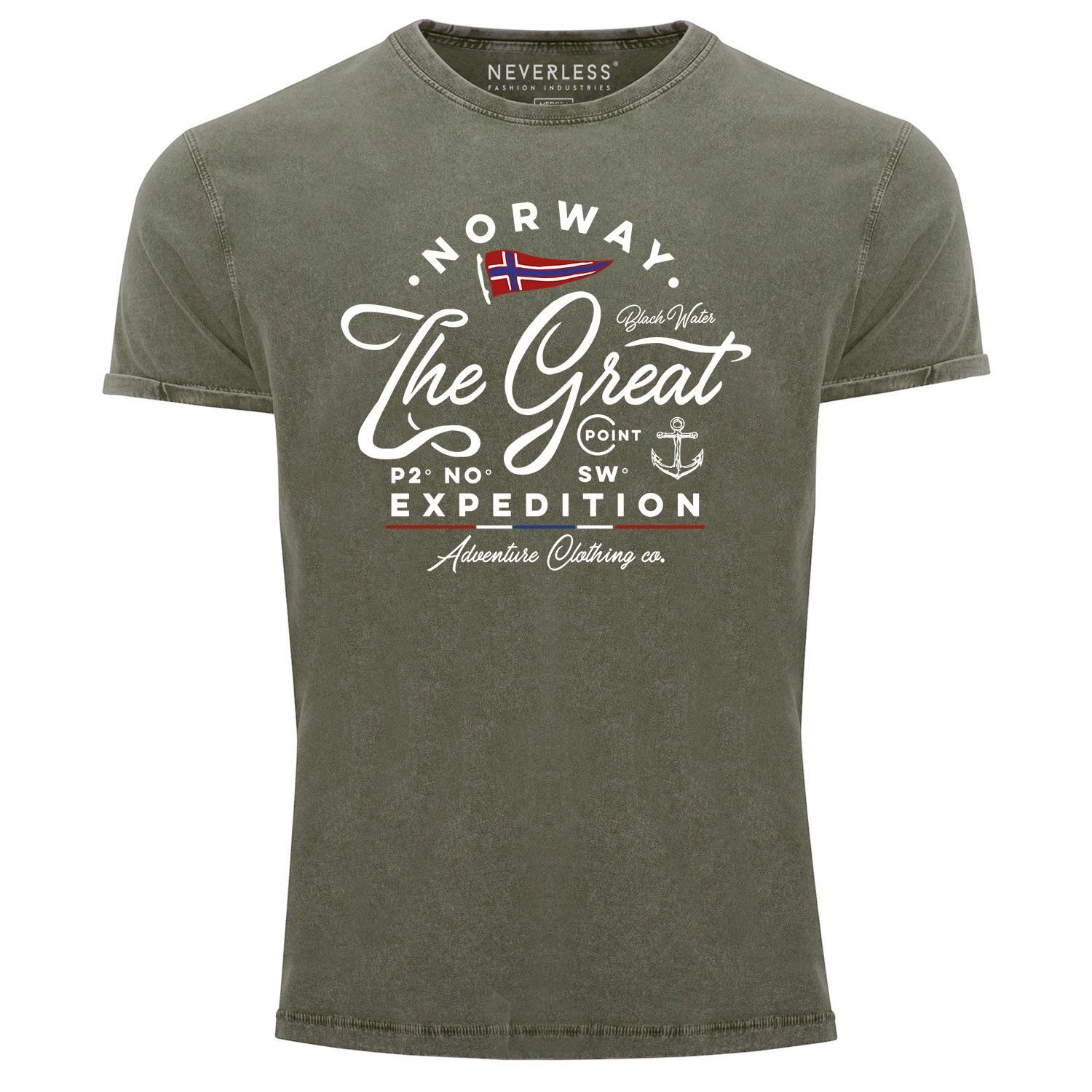 mit Used Expedition Printshirt T-Shirt Neverless Norwegen Great Shirt Vintage Adventure Herren oliv Look Neverless® Print The Print-Shirt Aufdruck Outdoor