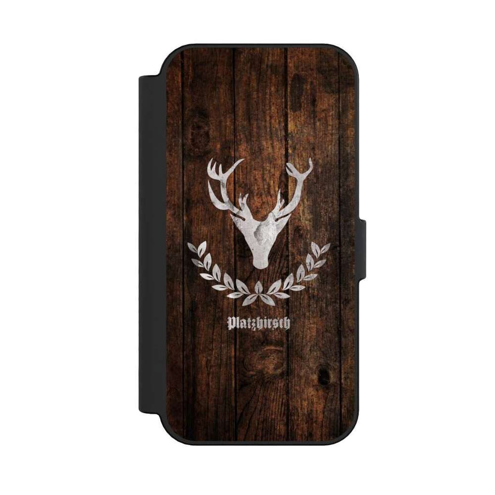 NIVOCASE Handyhülle Hirsch Holzoptik Holz Platzhirsch, Apple iPhone 16 Klapphülle Handyhülle aus Kunst Leder NIVOflip schwarz