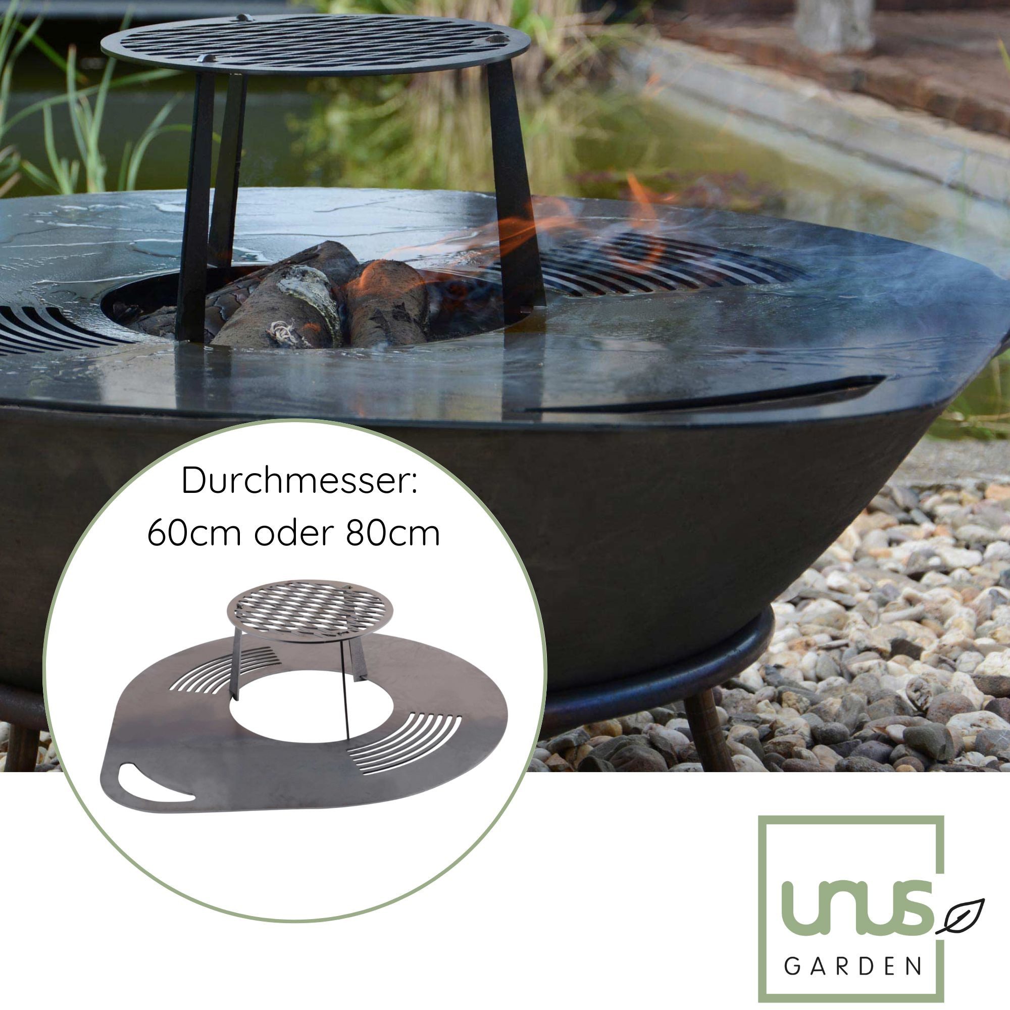 UNUS GARDEN Dekofigur Grillplatte 60/80cm Durchmesser (1 St., Stärke: ca. 3,5 mm), rund mit für Feuertonne oder Feuerschale
