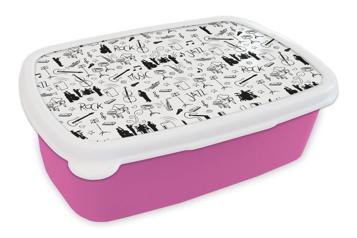 MuchoWow Lunchbox Musik - (2-tlg), Muster - Brotbox Snackbox, Mädchen, Erwachsene, Kunststoff, Brotdose und Weiß, Kinder, Kunststoff rosa für Schwarz