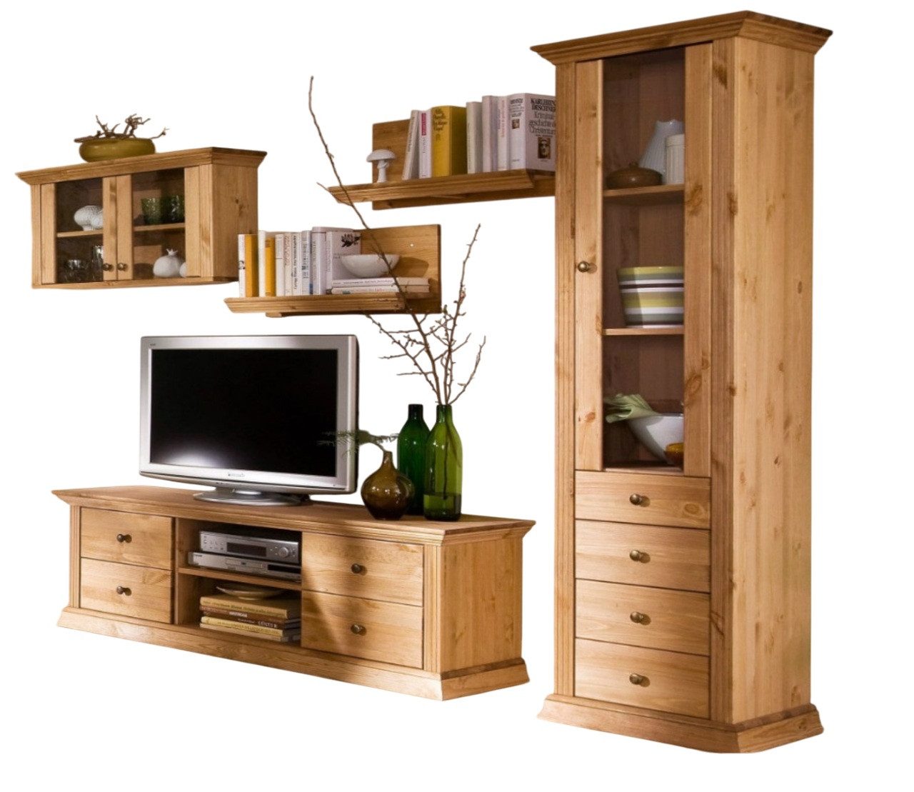 Clever-Moebel Wohnwand 5tlg. Wohnwand aus Kieferholz im Landhausstil TV Regal Schrank, (bestehend aus Vitrine, Lowboard, Hängeschrank, Wandregal 2er Set)