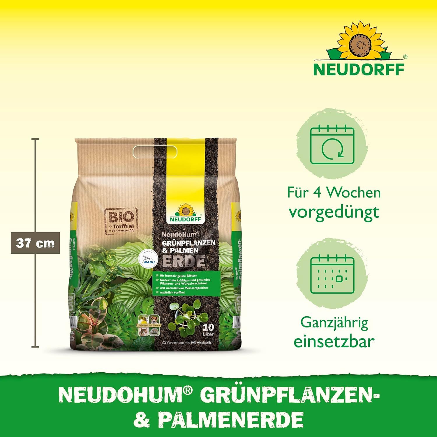 Neudorff Pflanzerde NeudoHum Grünpflanzen- & PalmenErde 10 L, (Einzelartikel), Torffreie Spezialerde für Grünpflanzen und Palmen.