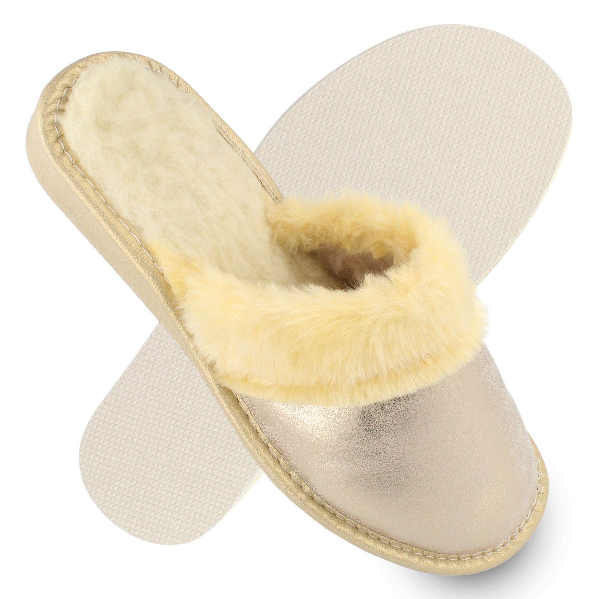 Horne Damen Gold HausSchuhe Pantoletten Pantoffeln gefüttert Hausschuh