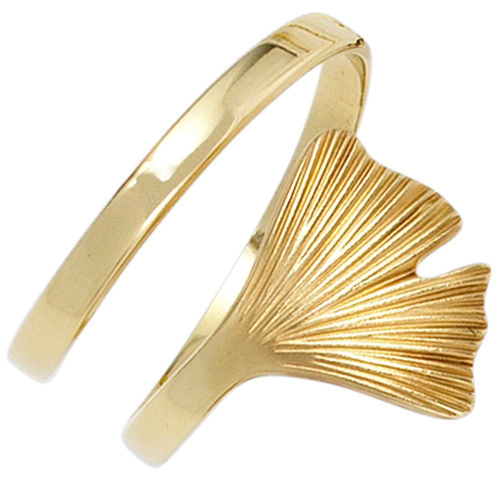 Schmuck Krone Fingerring Ring Damenring Ginko Ginkoblatt aus 375 Gold Gelbgold teilmattiert, Gold 375