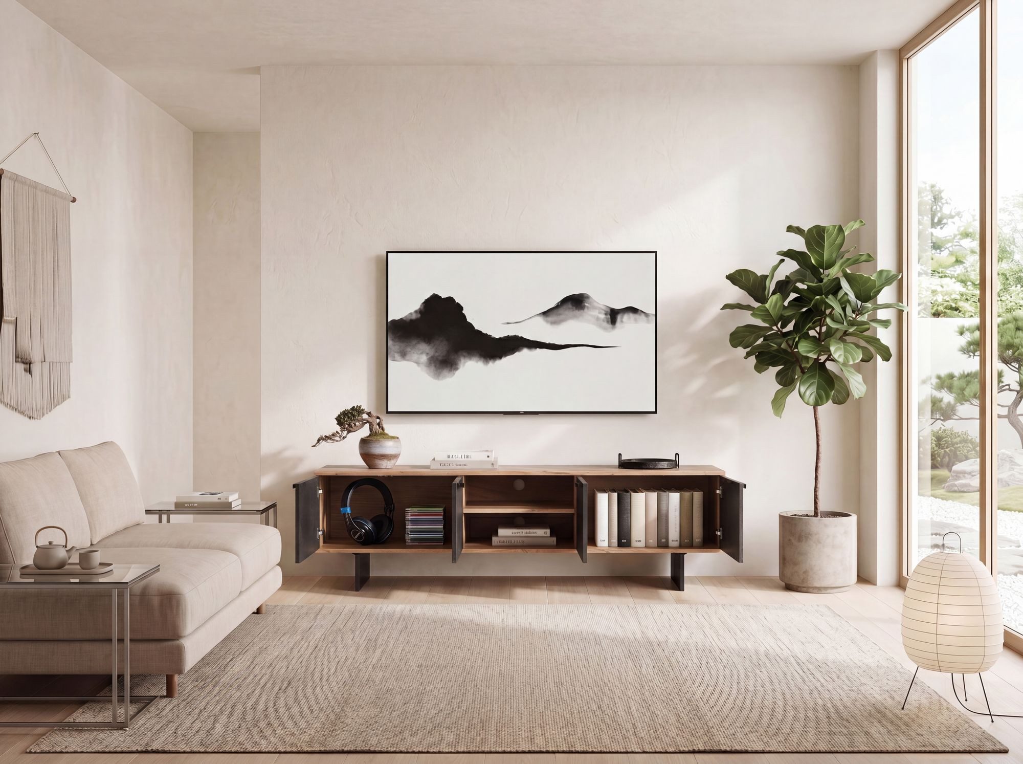 FINEBUY Lowboard FB111631 TV Board Akazie Massivholz 150 cm mit Steinoptik Fronten Groß (vier Türen, 150 cm, Akazie Massivholz Steinoptik), TV-Schrank Industrial Fernsehtisch, TV-Kommode