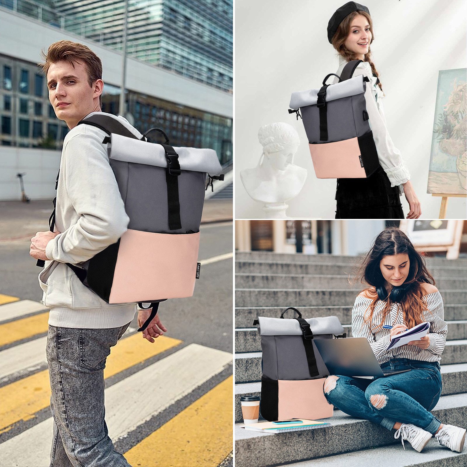 TAN.TOMI Cityrucksack Rucksack Damen Groß Rucksack Herren Groß Schulrucksack (Arbeitsrucksack viele Fächer mit 15,6" Laptopfach/USB-Anschluss), Unisex Rolltop Rucksack Wasserdicht, Lässiger Backpack