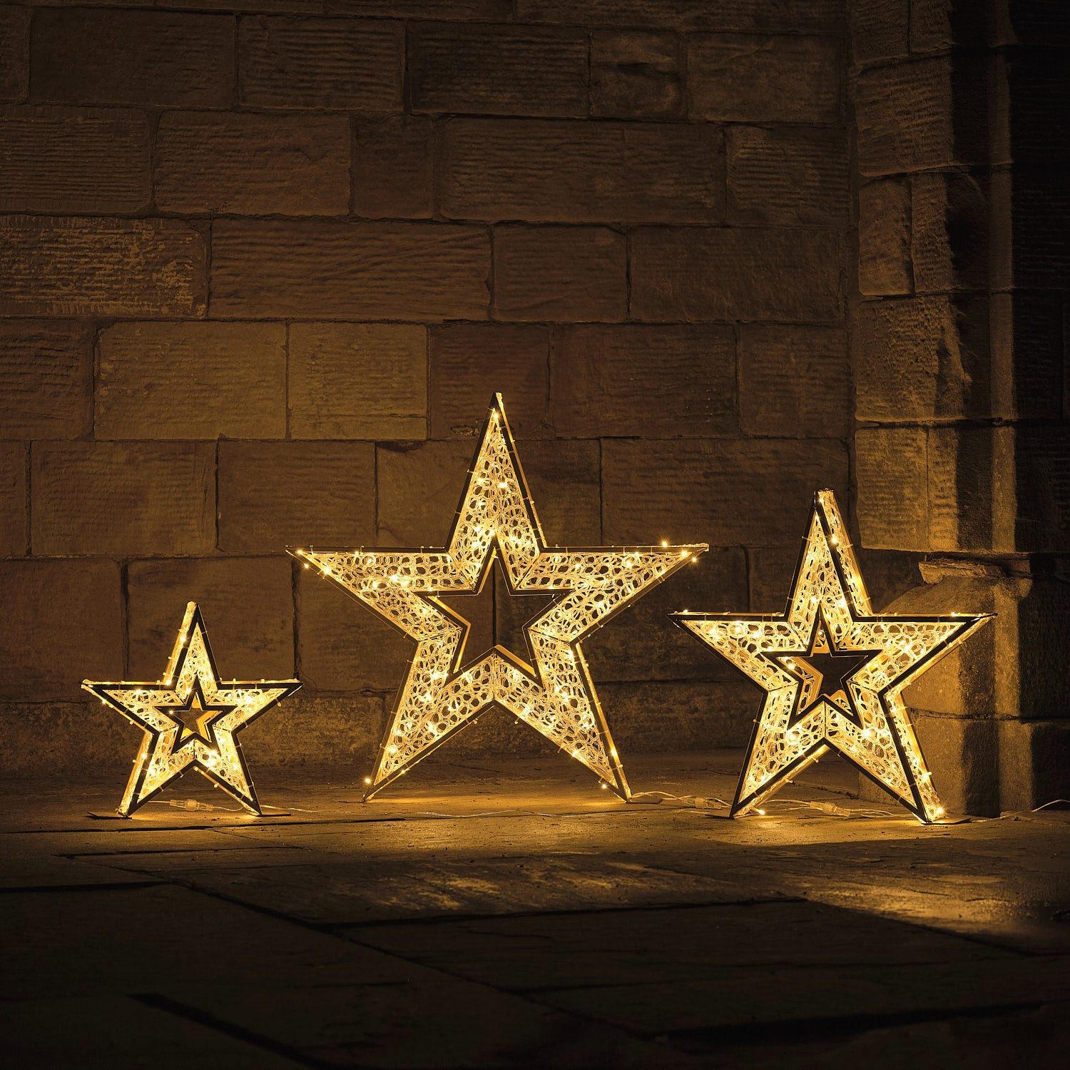Lights4fun Dekoobjekt 3er-Set beleuchtete Sterne außen in Gold mit 270 warmweißen LEDs