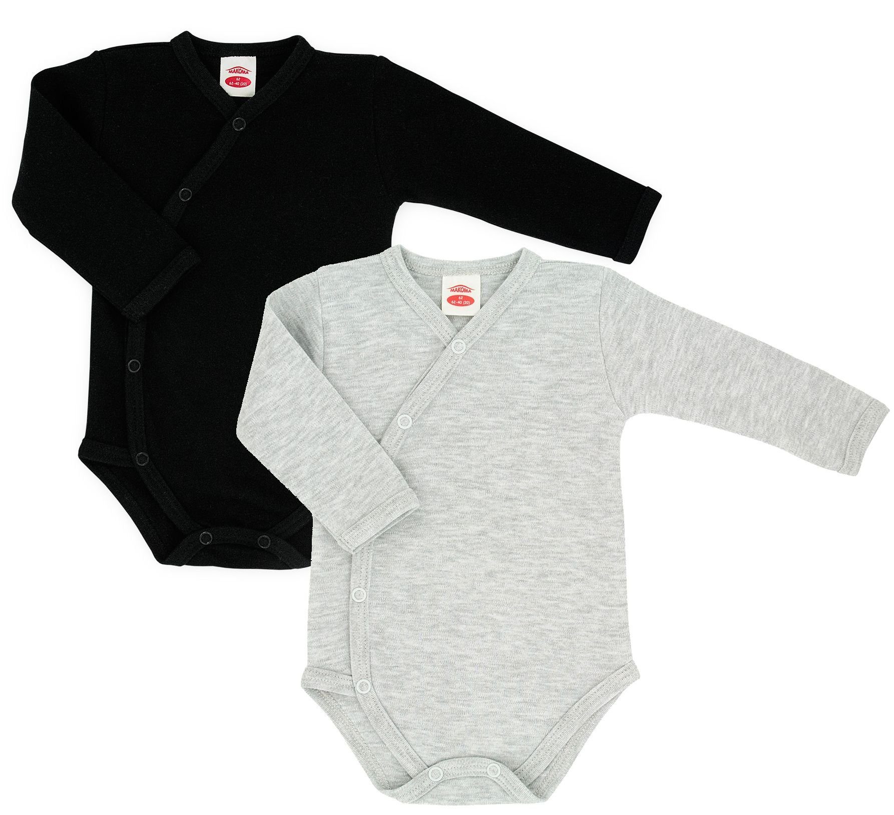 Makoma Wickelbody Baby 100% Jungen Langarm & 2-tlg) Body Baumwolle 2-tlg., Mädchen (Set, Schwarz/Grau Wickelbody