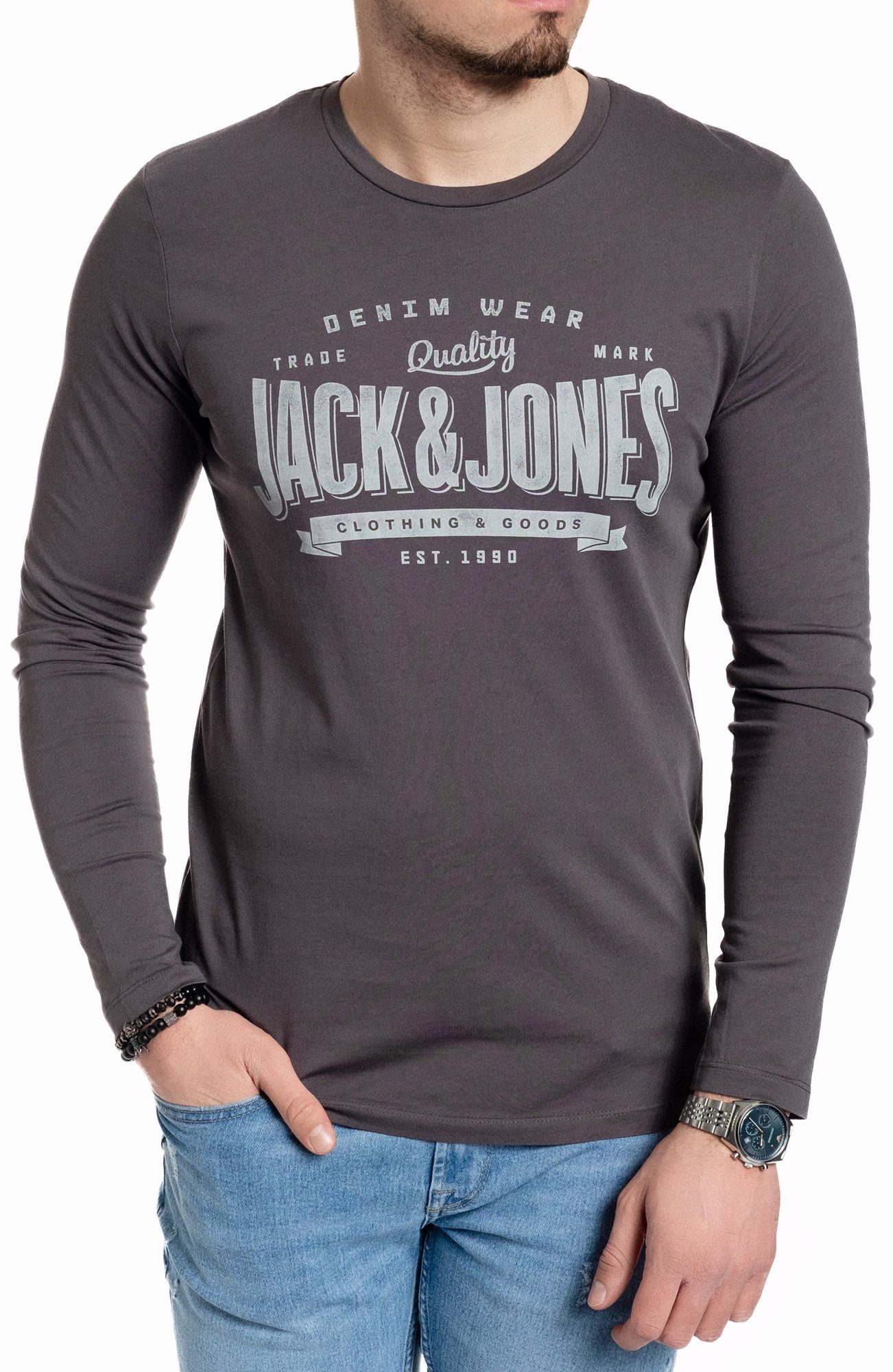 Jack & Jones Langarmshirt aus Print mit Asphalt-Grey vorne Baumwolle