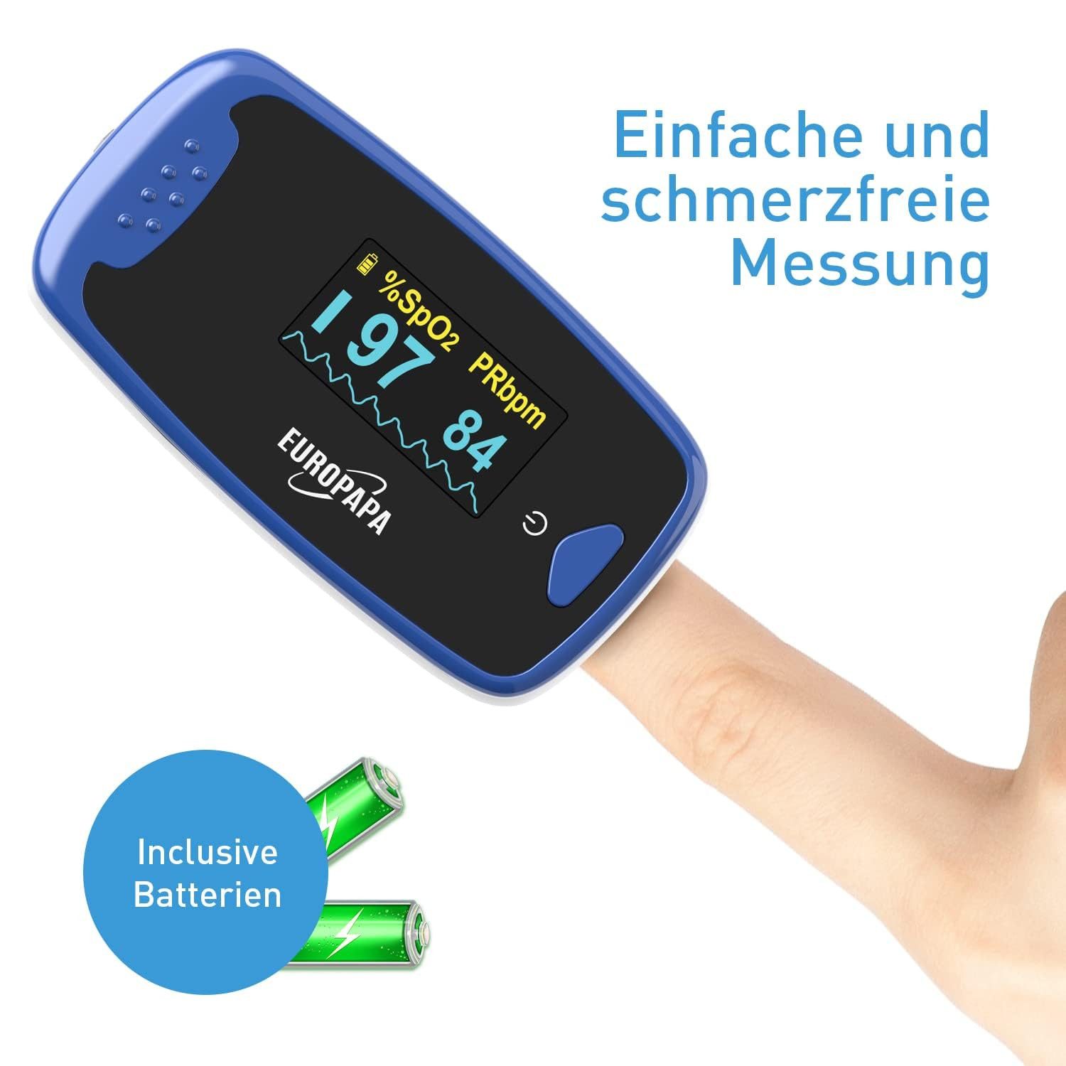 EUROPAPA Pulsoximeter Pulsoximeter,Fingerpulsoximeter, Oximeter ideal zur schnellen Messung der Sauerstoffsättigung (SpO2), facher Pulsmesser für Erwachsene–OLED Anzeige