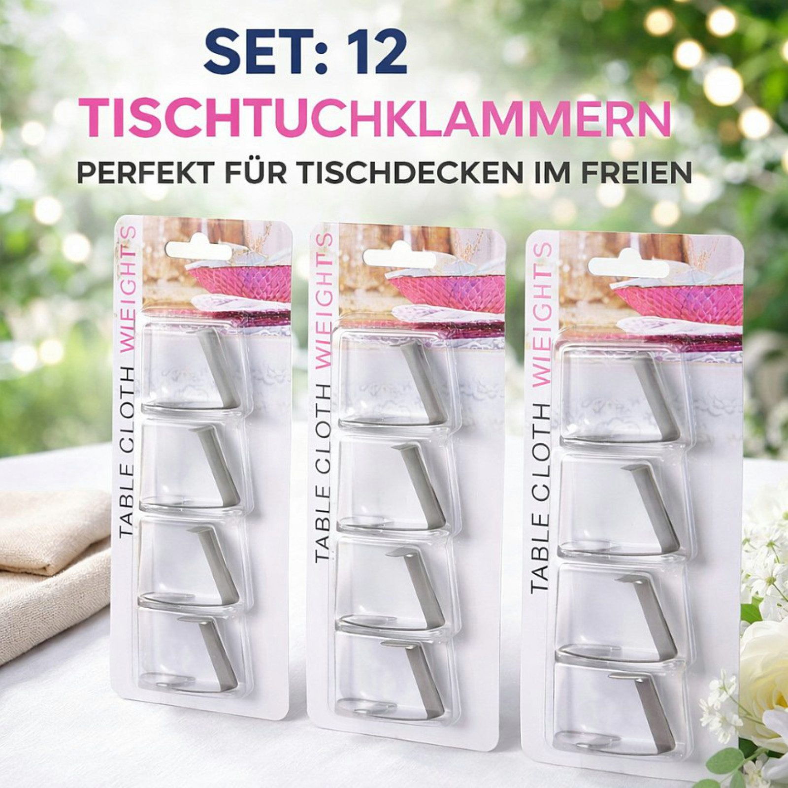 Koopman Tischtuchklammer Tischdeckenklammer Transparent 12 Tlg. Set, (Set, 12-tlg., Packung), 12 Stück, Kunststoff / Edelstahl, Transparent, 4x1,5cm – Bild 2 von 5