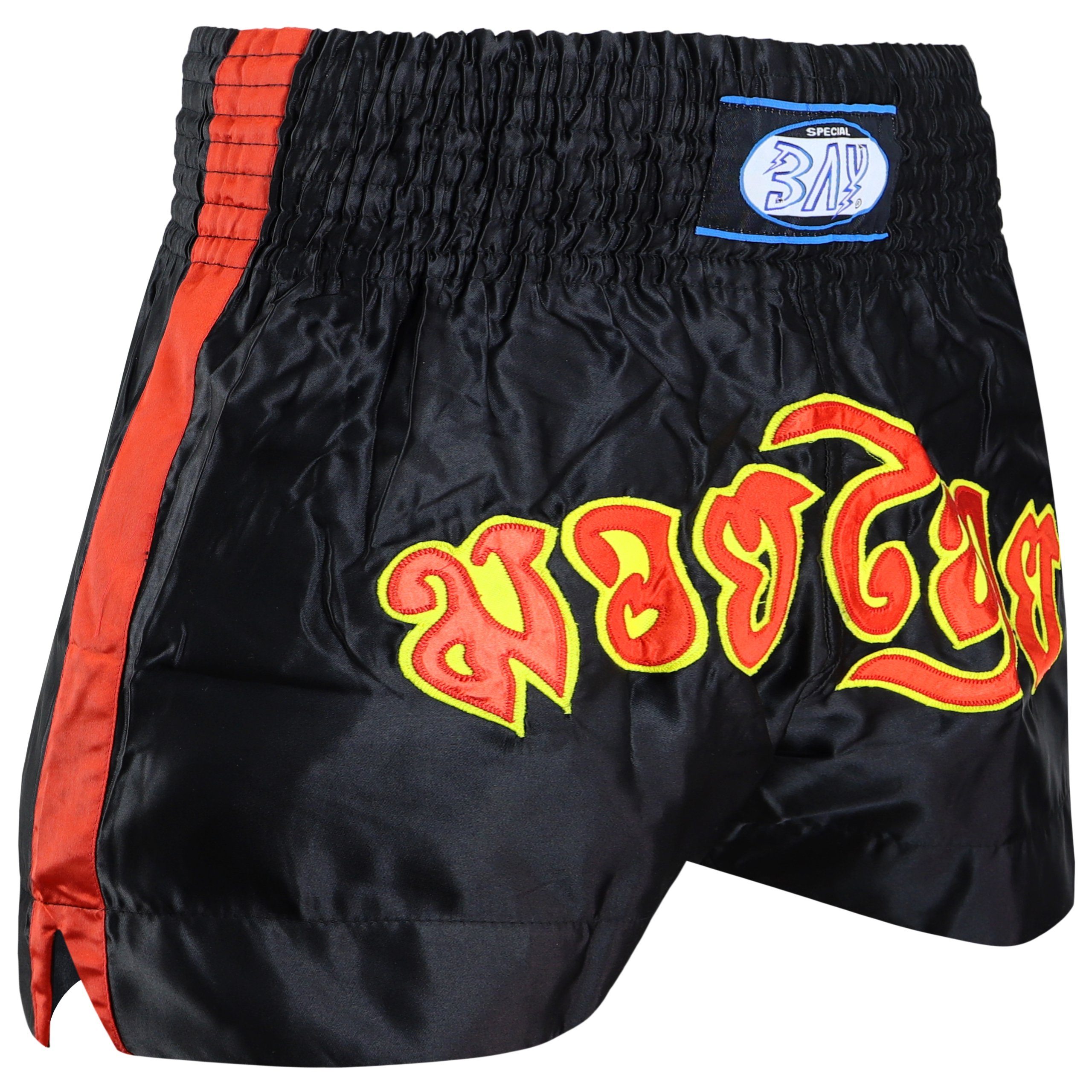 BAY-Sports Sporthose Muay Thai Kick Hose Shorts Thaiboxhose Thaiboxen MMA kurz Kickboxen (kurze Hose, traditionell schwarz rot) kurze Hose, traditionell schwarz weiß