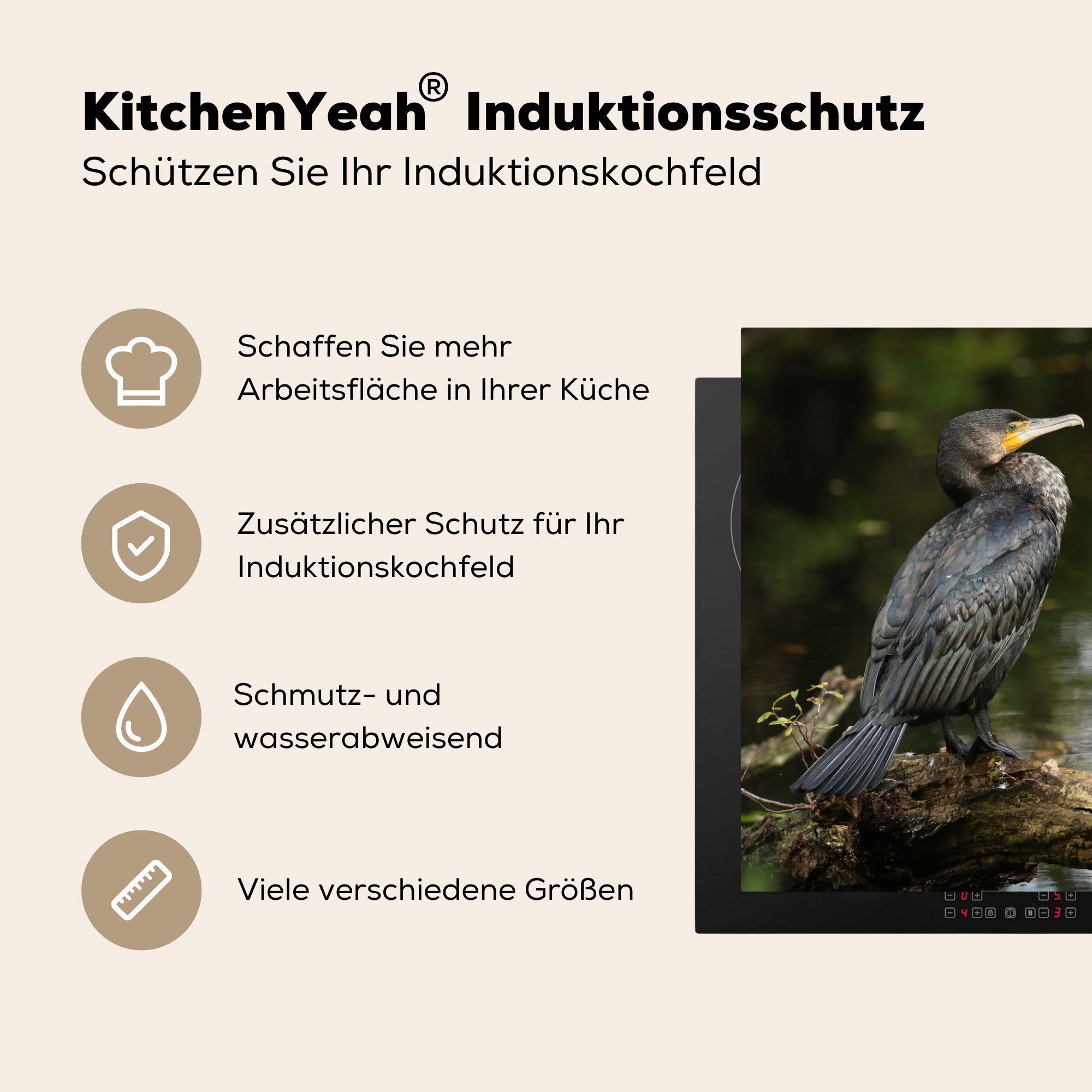 MuchoWow Herdblende-/Abdeckplatte Vogel - Zweig - Kormoran, 70x52 tlg), cm, Mobile nutzbar, Vinyl, (1 Arbeitsfläche - Wasser - Ceranfeldabdeckung Tiere