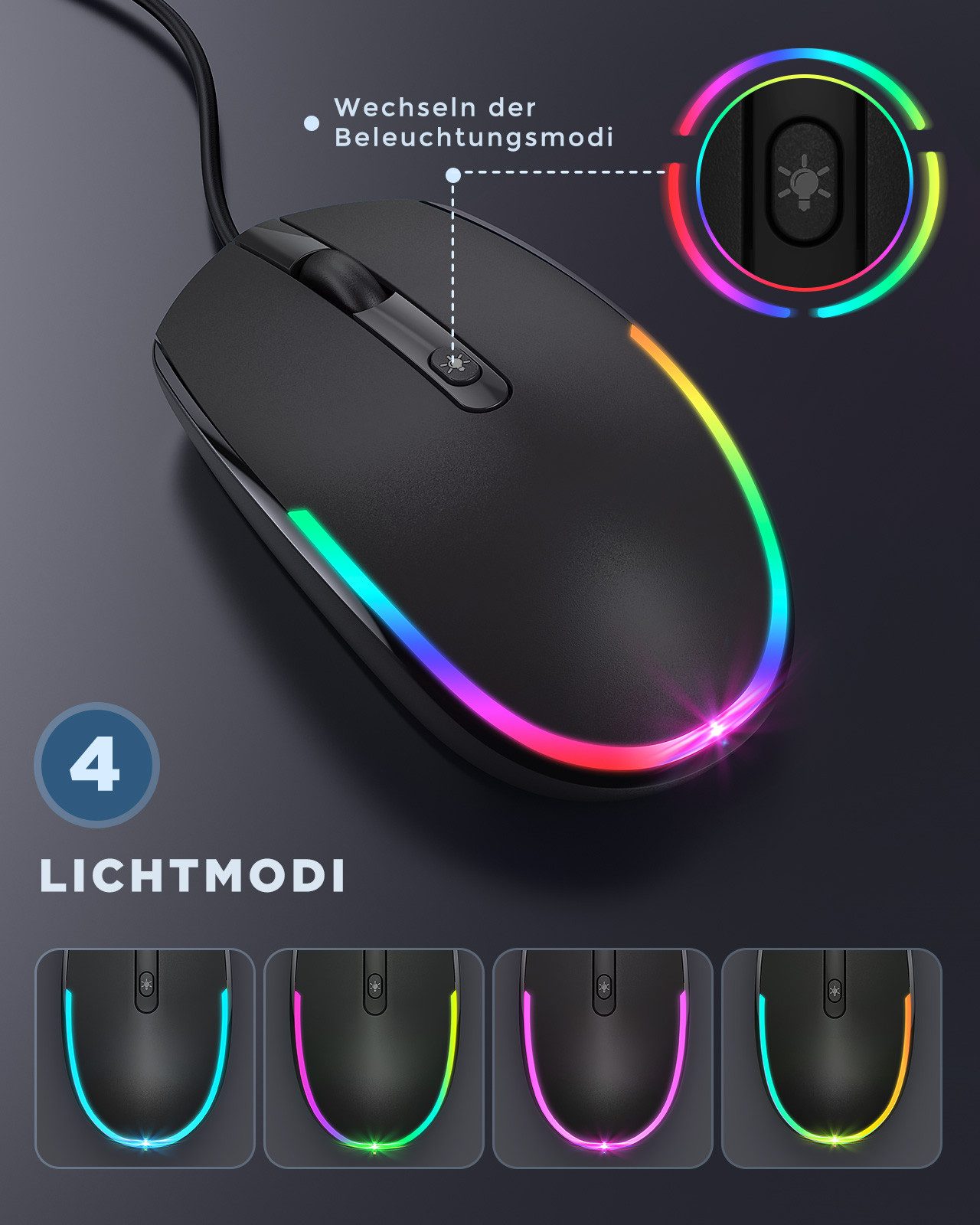 Seenda 201 Maus mit Kabel 1600 DPI USB Maus Kabelgebunden für Laptop/PC Maus (kabelgebunden, DPI 1600, optisch, Plug&Play, Beleuchtet)