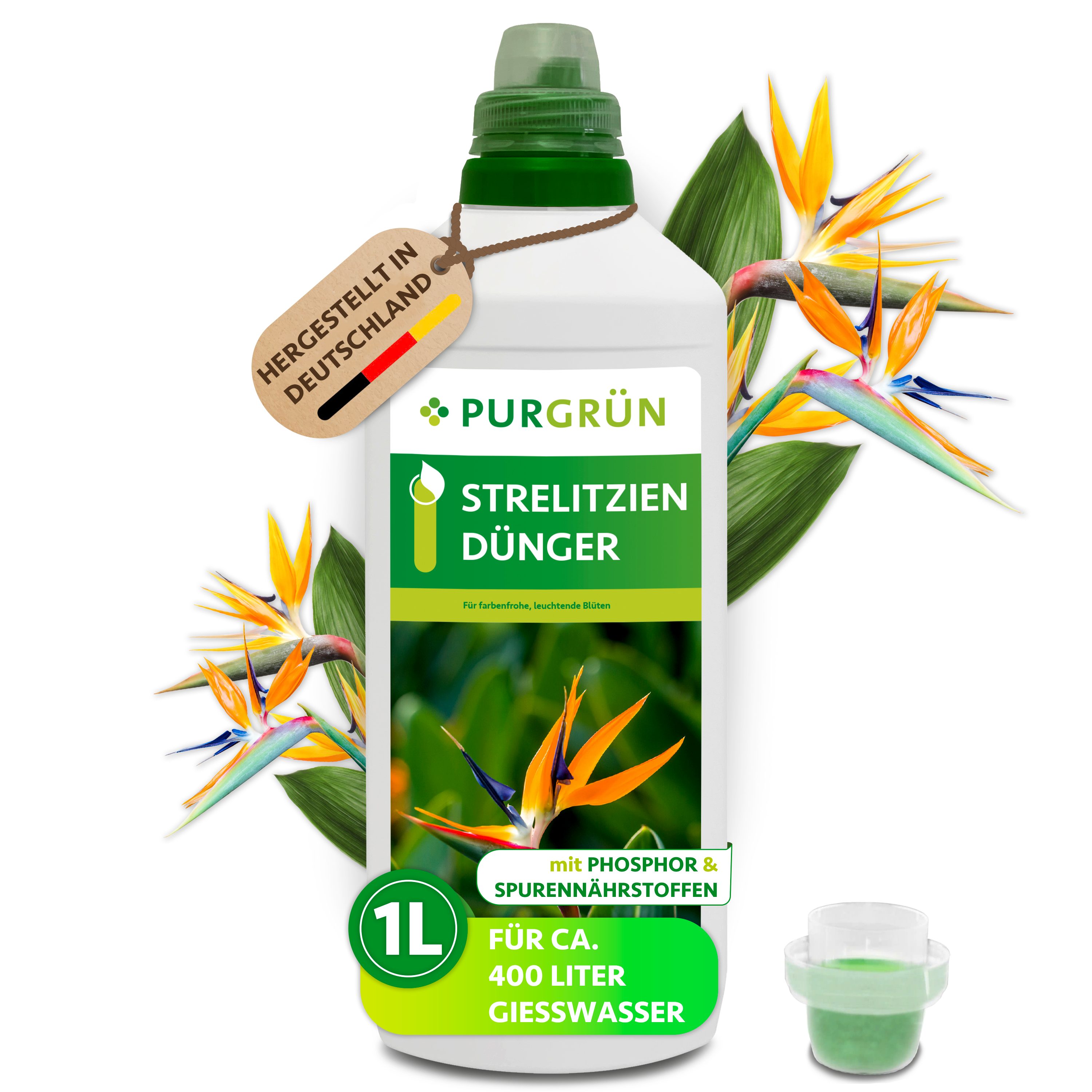 Purgrün Blumendünger Strelitzien Dünger, NPK 10+8+6, für prächtige Blüten, 1L, Flüssigdünger, 1-St., 1 Liter