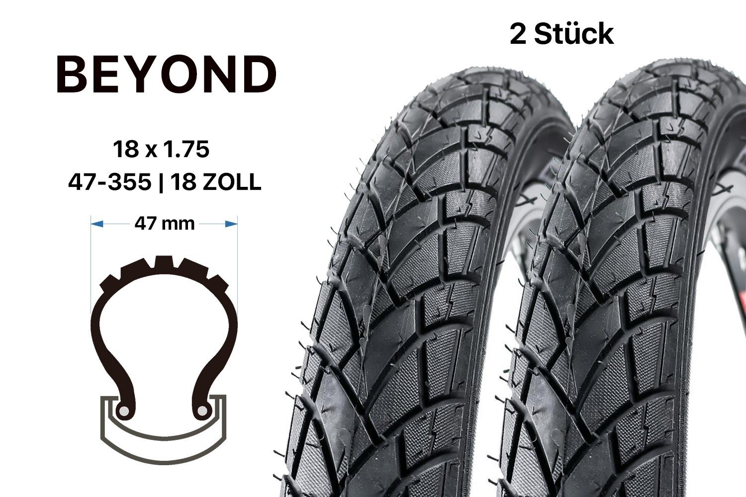 BEYOND Fahrradreifen 2 Stück 18 Zoll Beyond Fahrrad Reifen 47-355 City