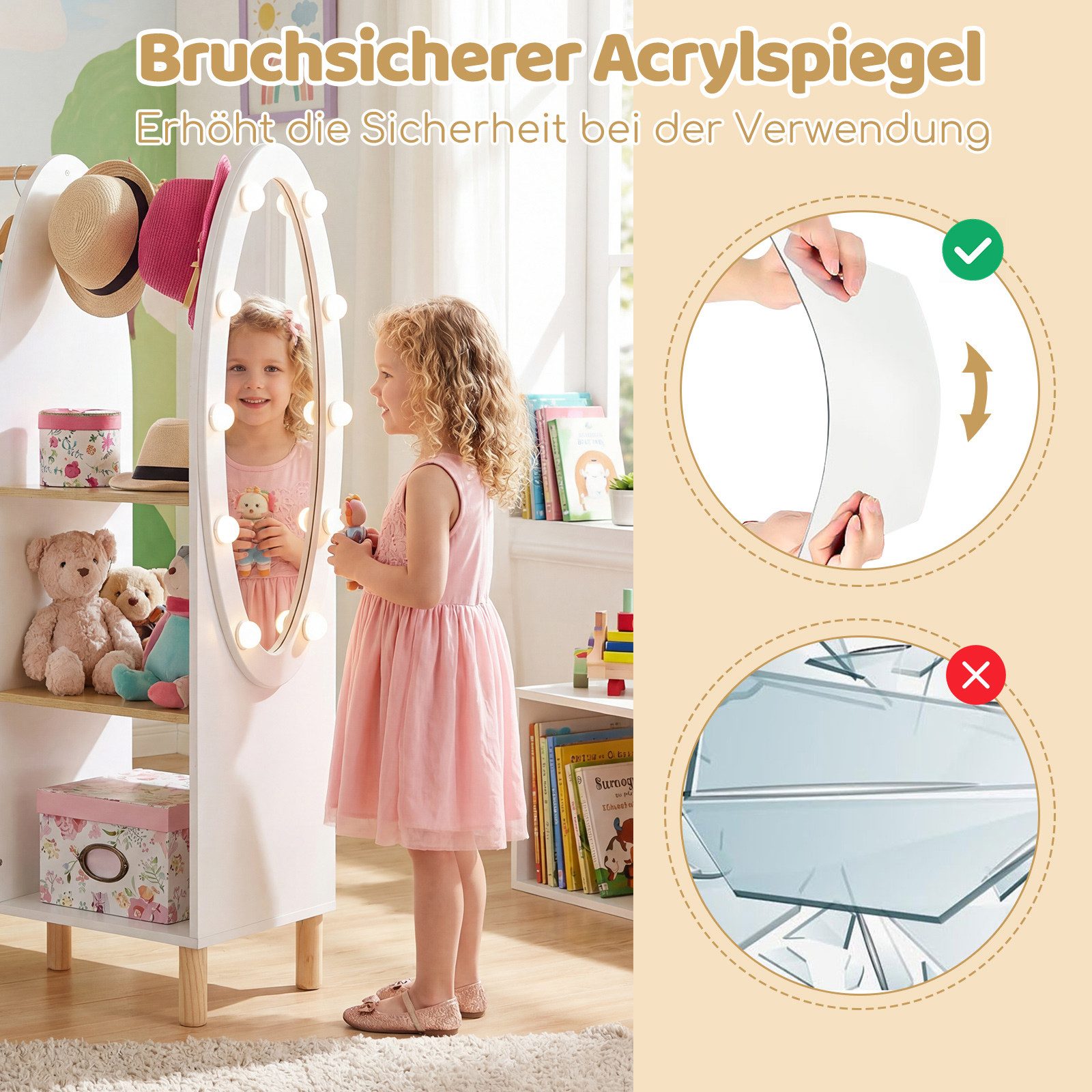 COSTWAY Kleiderständer, Mit Spiegel, Garderobe, Regalen & Haken für Kinder