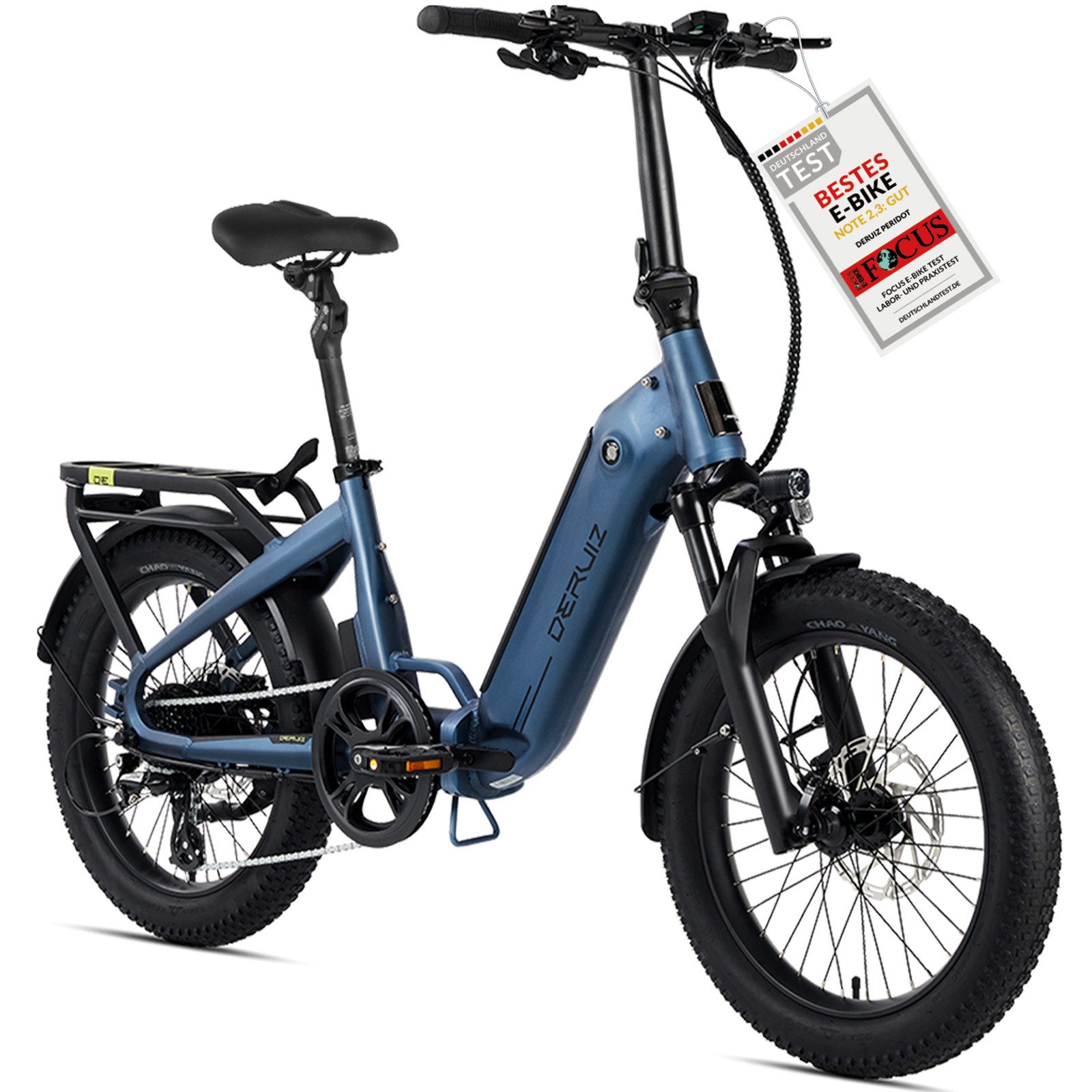 DERUIZ E-Bike Klapprad Peridot 20 × 3 Zoll, bis 143 km, Bluetooth und App, 8 Gang SHIMANO SHIMANO ALTUS 11-32T Schaltwerk, Kettenschaltung, Heckmotor, 500 Wh, (mit Akku-Ladegerät mit Werkzeug), Federsattelstütze