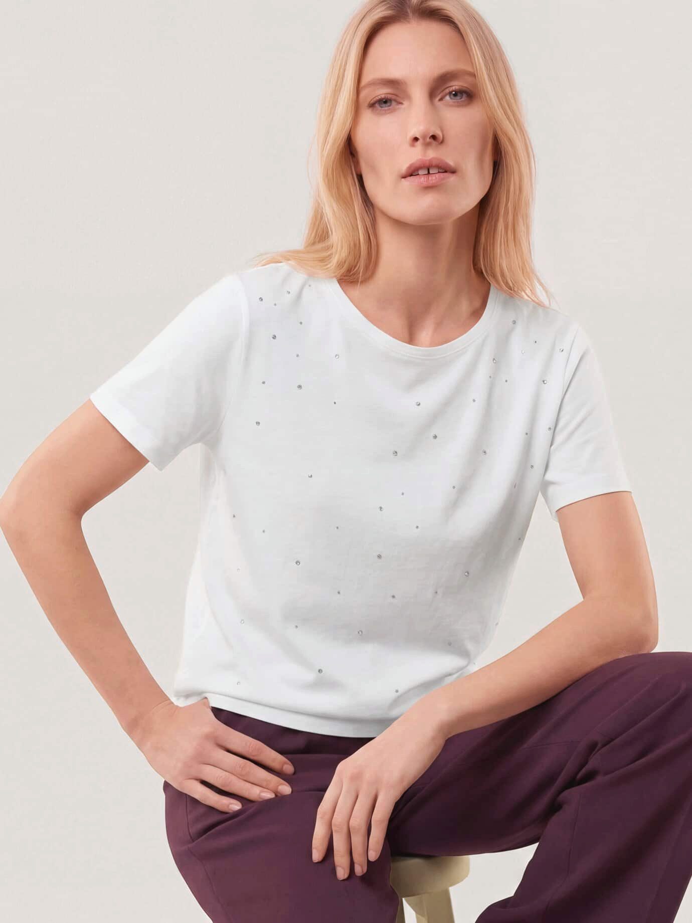 Walbusch T-Shirt Damen Baumwollshirt mit Glitzersteinen Rundhals Halbarm, Rundhals