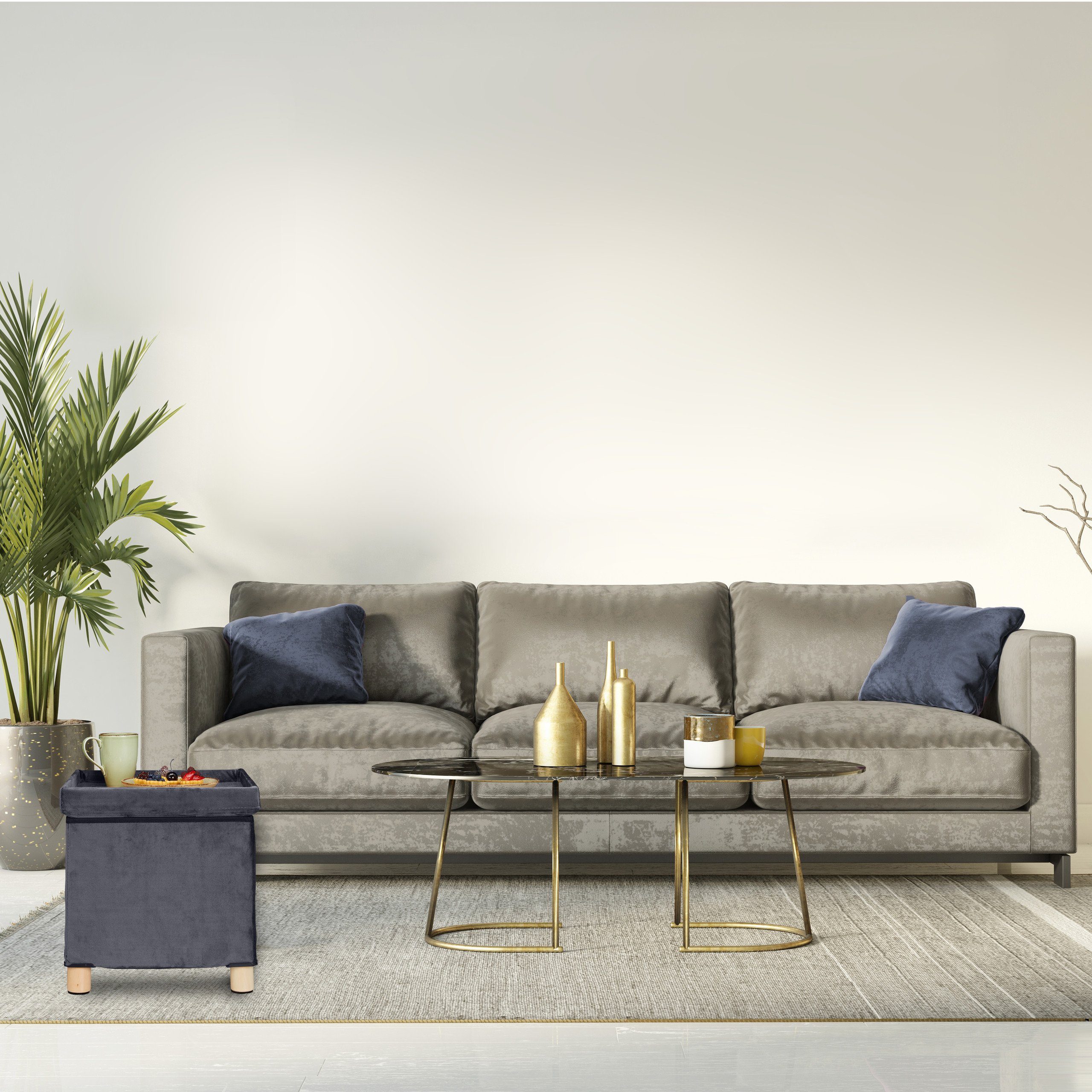 relaxdays Polsterhocker Samthocker mit Tablett, Dunkelgrau günstig online kaufen