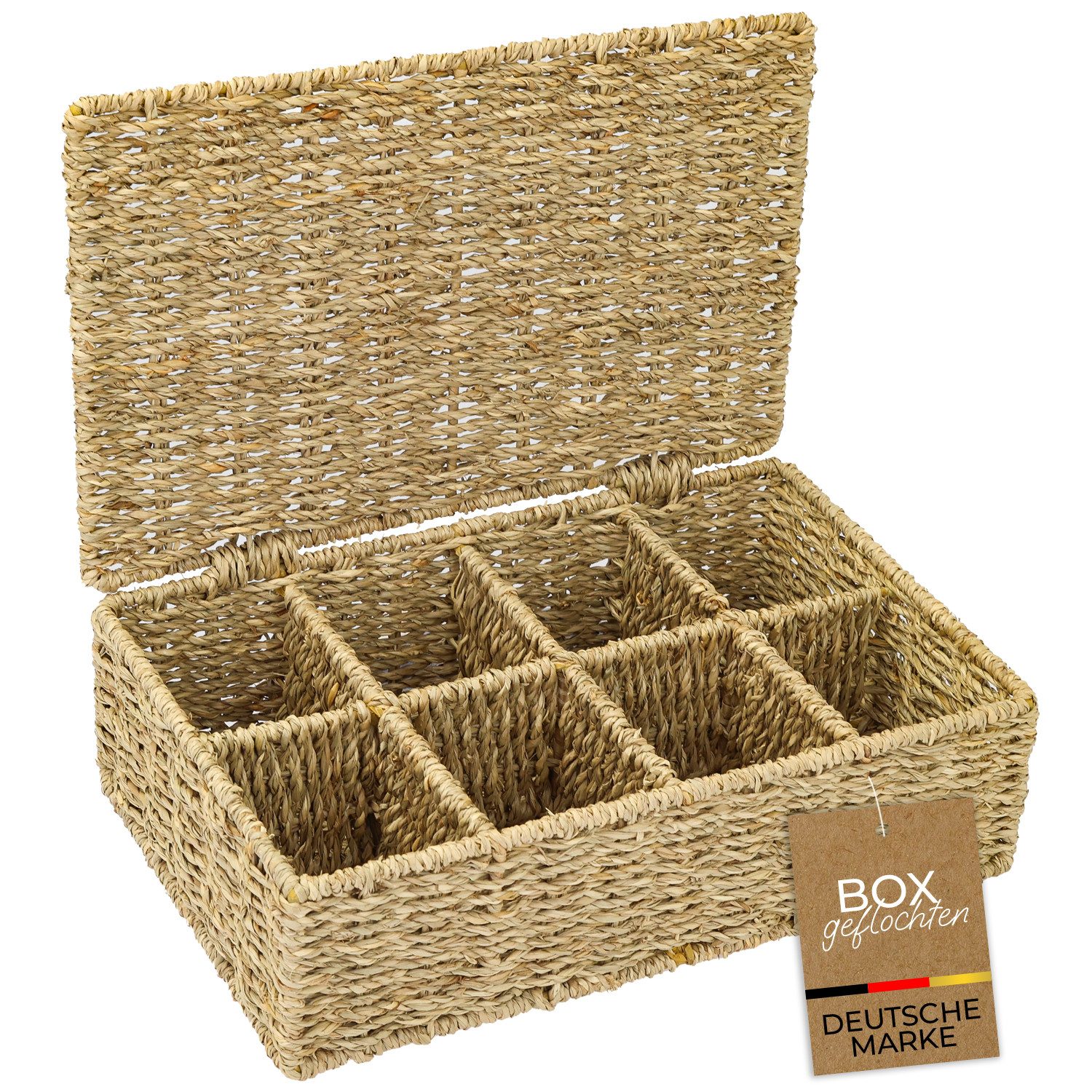 HMF Teebox Teebox aus Seegras mit 8 Fächern, Aufbewahrung von Teebeuteln, Seegras, Aufbewahrungskorb als Organizer für Küche, Bad Wohnbereich 33x21x10 cm