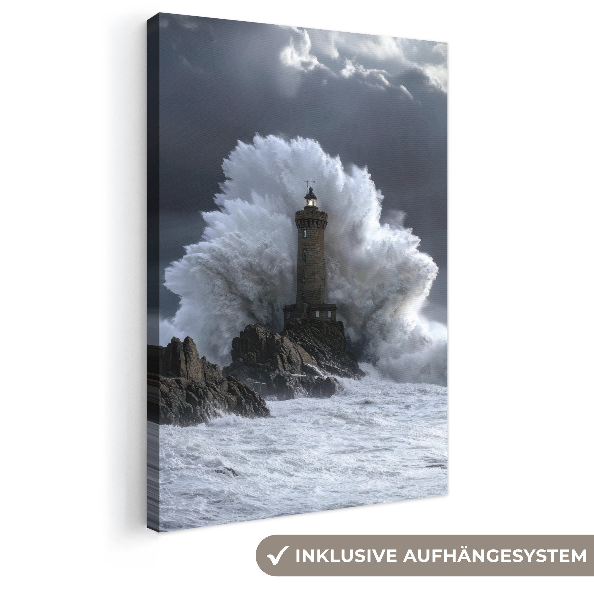 OneMillionCanvasses® Leinwandbild Welle - Leuchtturm - Schäumendes Wasser, Fotodruck (1 St), Leinwand Canvas Wandbild, Wanddekoration 20x30 cm