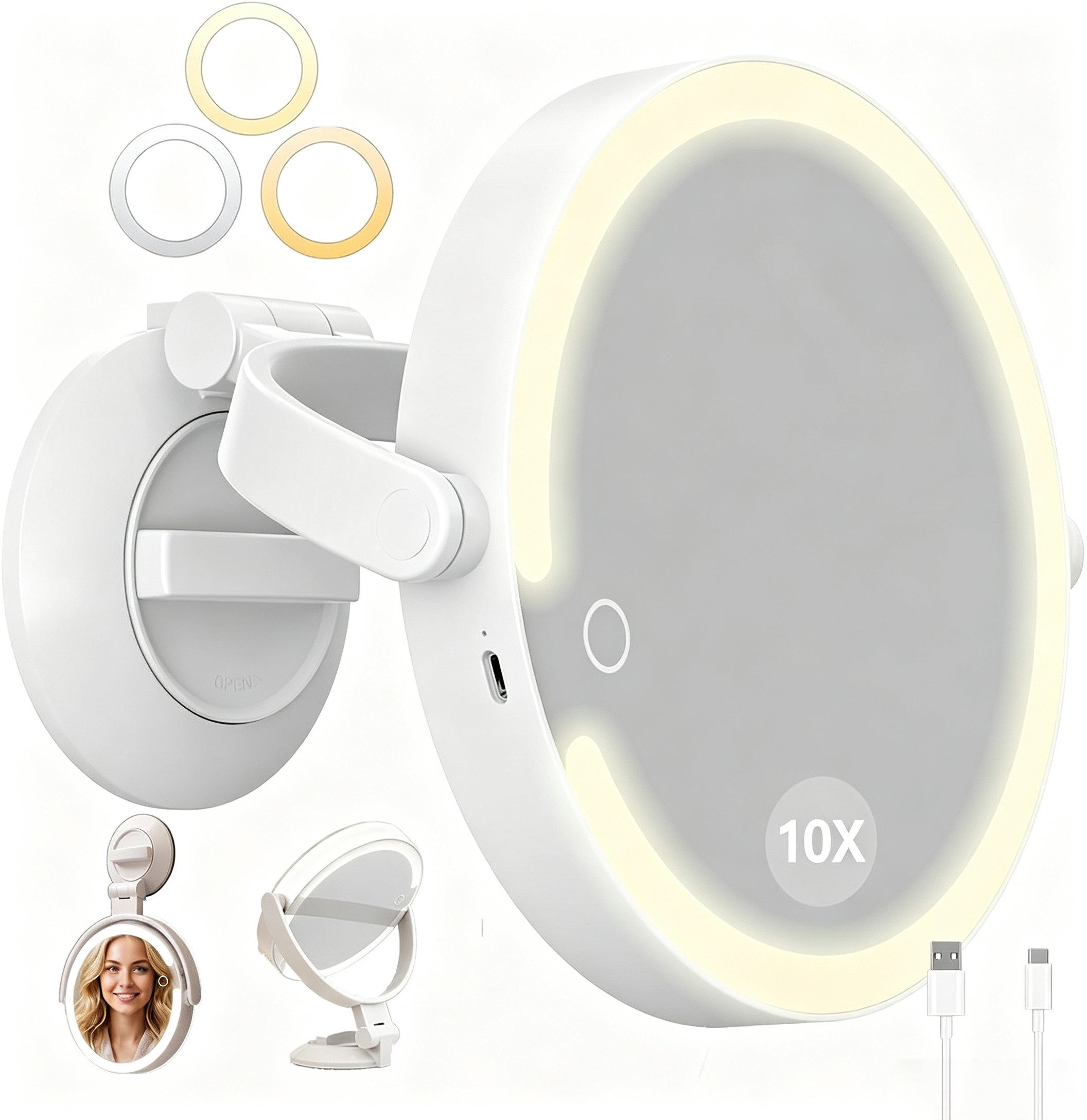 OYLCDI Schminkspiegel Kosmetikspiegel Schminkspiegel mit Beleuchtung und Saugnapf (1x/10x Doppelseitiger Kosmetikspiegel, wiederaufladbar über Type‑C, 3 Lichtfarben stufenlos dimmbar, 360° drehbar), Tisch‑/Hand‑/Wandspiegel für Bad und Reise, 7 Zoll