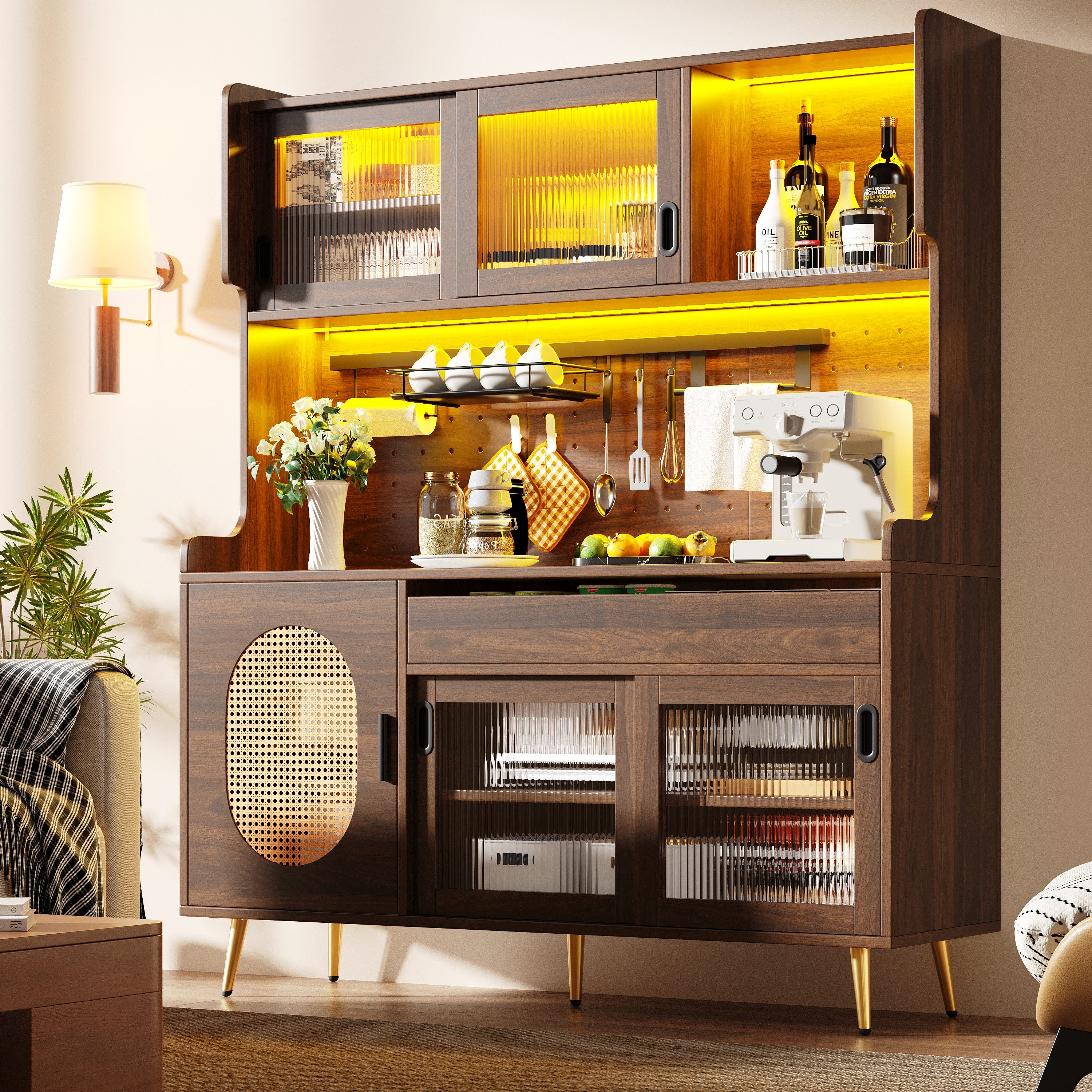 Odikalo Küchenbuffet Küchenschrank Buffetschrank mit LED (145x39x171cm, Landhausstil, 5 Türen, mit LED-Lichtleiste & Ordnungslockplatte, …