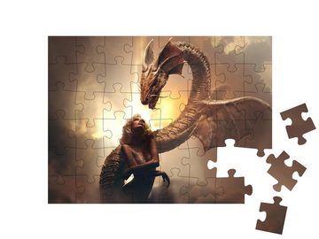 puzzleYOU Puzzle Blondes Mädchen und Drache in Fantasiewelt, 48 Puzzleteile, puzzleYOU-Kollektionen Drache, Tiere aus Fantasy & Urzeit